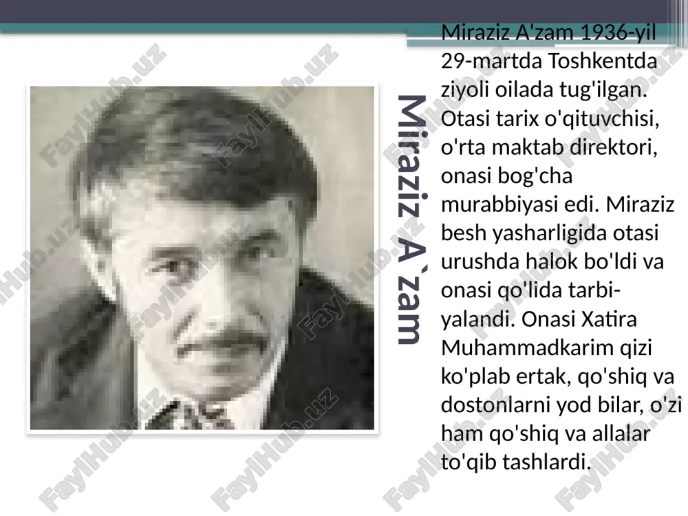 i, goh samimiy yumor bilan, goh og'riqli ichki izhorlar bilan timsollar yaratadi. u she'riyatning muhim unsurlarini hech nazardan qochirmagan holda, o'zining har bir she'ri uchun o'zgacha vazn, ichki ohang topadi va she'rining o'qimishli bo'lishiga erishadi. miraziz a'zam bu to'plamlari orqali o'zbek bolalarining sevimli shoirlaridan biriga aylandi. shuningdek, boshqa xalqlarning ham e'tiborini tortdi. uning she'riy to'plamlari rus tilida uch marta nashr etildi, ukrain, turkman, mo'g'ul tillarida chop qilindi. she'riy turkumlari belorus, moldavan, qirg'iz, ozarbayjon, latish tillarida ham bosilib chiqqan.1970—1980-yillarda miraziz a'zamning kattalar uchun „sevaman", „tuyg'ular", „sabot", „haqiqatning ko'zlari" nomli she'riy kitoblari nashr etildi. inson hurligi uchun, haqiqat uchun, erk va mustaqillik uchun kurash bu kitob- larning asosiy g'oyalaridir. ulardagi she'rlar o'zining hayotiyligi va jozibaliligi bilan o'quvchi qalbini zabt etadi, ulardagi muhabbat va nafrat tuyg'ulari hech kimni befarq qoldirmaydi.o'zbekiston o'z mustaqilligini qo'lga olgach, miraziz a'zam ko'proq adabiy-ma'rifiy merosni ko'z qorachig'iday asrashga da'vat etuvchi bir qator tarixiy-adabiy va tilga oid maqolalar e'lon qildi, …