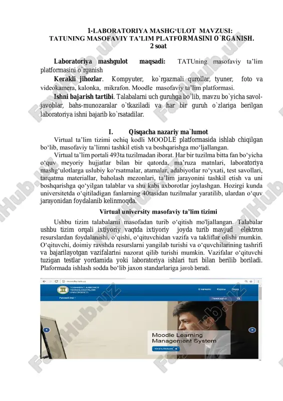 va o‘quvchilarining tashrifi va bajarilayotgan vazifalarini nazorat qilib turishi mumkin. vazifalar o‘qituvchi tuzigan testlar yordamida yoki laboratoriya ishlari turi bilan berilib boriladi. plaformada ishlash sodda bo‘lib jaxon standarlariga javob beradi. http://moodle.tuit.uz/ sayti bir necha bo’limlardan tashkil topgan. quyida tuit.uz saytining tarkibiy strukturasi keltirilgan: moodle.tuit.uz universitet - rektor tabrigi - vasiylik kengashi - universitet nizomi - umumiy ma'lumot - fotogalereya - fuqarolar murojati - media - interaktiv xizmatlar - obod turmush yili - murojatlarni ko'rib chiqish tartibi tuzilma - ilmiy kengash - ilmiy uslubiy kengash - ixtisoslashga n kengash - rektorat - fakultetlar - kafedralar - markaz va bo'limlar - filiallar - tarkibiy tuzilma faoliyat - o'quv - ilmiy - moliyaviy xo'jalik - xalqaro - tekshiruvlar abiturientlarga - hujjatlar to'plami - abiturient eslatmasi - ta'lim yo'nalishlari - kirish fanlari - qabul nizomlari - qabul kvotalari - qabul natijalari - qabul minitoringi - magistratura talabalarga - birinchi kurs ma'lumotno- masi - o'quv …