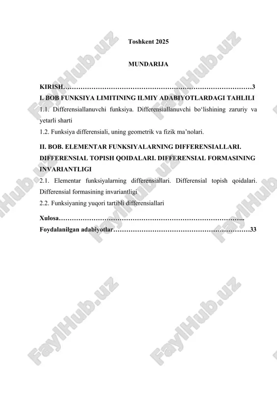 ga ega bo'lamiz. shu sababli, bu mavzu ilmiy izlanishlar va amaliyotda katta ahamiyatga ega bo'lib, matematikani yanada chuqurroq tushunishga yordam beradi. bu kurs ishining maqsadi funksiya differensiali tushunchasini to'liq o'rganish va uning matematik modellarini tahlil qilishdir. o'quvchilarga funksiya differensiali va uning amaliy qo'llanilishini o'zlashtirishda yordam berish, shuningdek, turli xil amaliy masalalarni yechishda ularni qo'llash ko'nikmalarini rivojlantirishdir. ishning asosiy vazifasi quyidagilarni o'z ichiga oladi: · funksiya differensiali tushunchasining nazariy asoslarini o'rganish. · funksiya differensialining o'zgarishlariga ta'sir etuvchi omillarni aniqlash. · funksiya differensialini yechishning matematik usullarini tahlil qilish va amaliy misollarni keltirish. · funksiya differensialining amaliyotdagi o'rni va qo'llanilishi haqida fikr yuritish. matematikaning turli sohalari orasida differensial tenglamalar alohida o'rin tutadi, chunki ular tabiiy va texnik jarayonlarni modellashtirishda eng muhim vositalardan biridir. funksiya differensiali, ayniqsa, dinamik tizimlarning harakatini tasvirlash va ularning o'zgarishlarini prognoz qilishda qo'llaniladi. u tizimlar orasidagi bog'lanishlarni, o'zgarishlar va vaqt o'tishi bilan sodir bo'ladigan jarayonlarni tushunishda muhim rol o'ynaydi. ushbu …