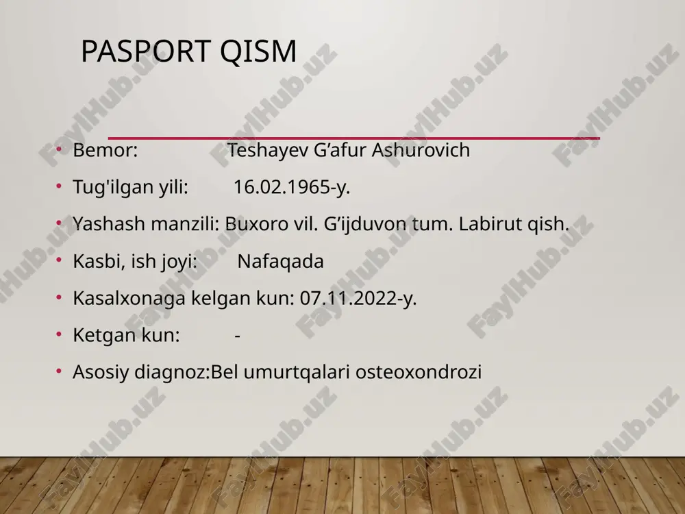 i rangda nam, tili toza va nam, ko'rinadigan shilliq qavatlari och pushti rangda toza, periferik limfa tugunlari kattalashmagan. suyak-bo'g'im sistemasi deformatsiyasiz. gavdasi normostenik. o'pkasida vezikulyar nafas, nos-18ta/min. yurak tonlari bo'g'iq, puls-80ta/min, ritmik a/b- 110/80mm.sim.ust. qorni yumshoq, og'riqsiz, jigar va taloq paypaslanmaydi. ich kelishi va diurez regulyar. nafas olish sistemasi nafas olish burni orqali ravon, nafas harakatlari ko'krak tipida, ko'krak qafasi simmetrik, silindrik. gavdasi normostenik. ko'krak qafasi palpatsiyada ovoz dirillashi va ko'krak qafasi rigidligi normada, perkussiyada aniq o'pka tovushi, o'pka chegaralari normada auskultatsiyada vezikulyar nafas nafas olish soni-18 ta/min. o'pka chegaralari o'ng chap lin. clavicularis 6 - lin. axillaris anterior 7 7 lin. axillaris media 8 8 lin. axillaris posterior 9 9 lin. scapularis 10 10 lin. paravertebralis 11 11 yurak-qon tomir sistemasi shikoyati yo'q. yurak chegaralari normada, yuqori chegarasi chapdan to'sh qirrasi bo'ylab 3qovurg'aga, chap lin. clavicularis sinistradan 1sm tashqarida, o'ng chegarasi to'sh qirrasidan 1sm ichkarida. perkussiyada yurak maydoni sohasida …