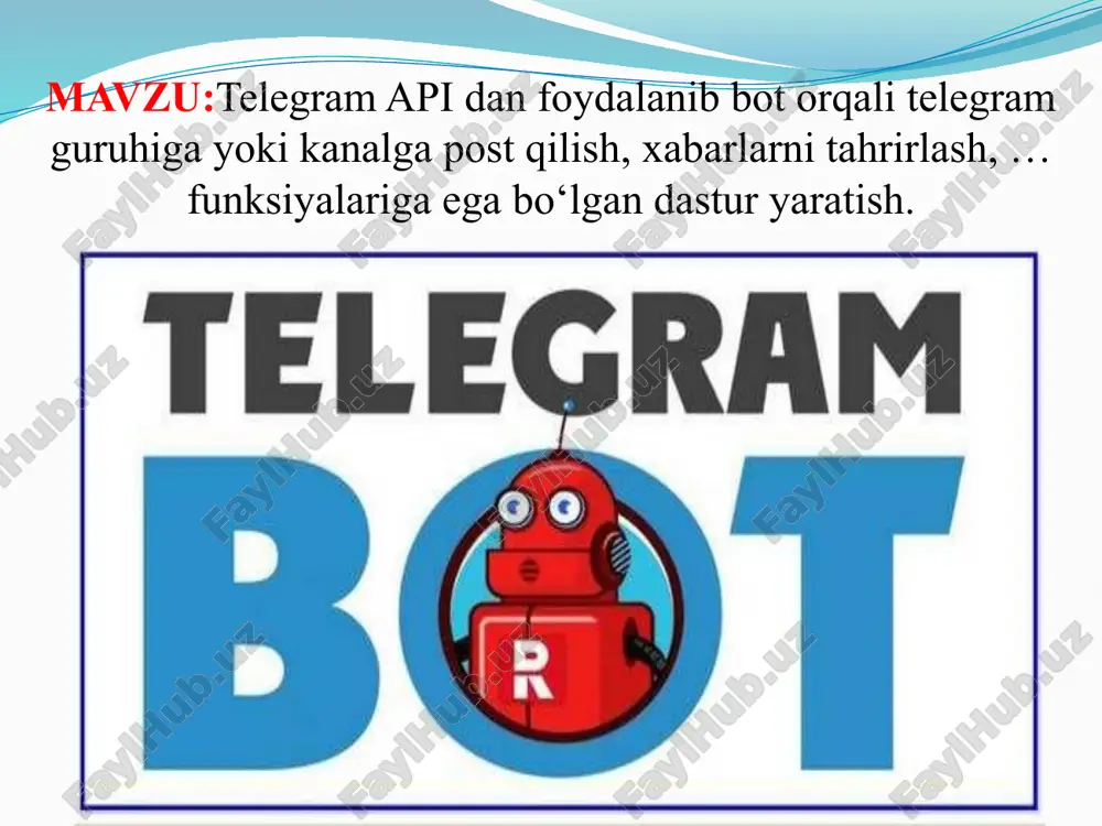 ndi myfirstbot.py faylga kiramiza va quyidagi kodni yozamiz import telebot bot = telebot.telebot('645603723:aaff21rdziw9mqexoam6-2lntrdh6vzflgi') @bot.message_handler(commands=['start']) def start(message): name = str(message.from_user.first_name) bot.send_message(message.from_user.id ,'salom ' + name) #bu yerda user /start bosganda isminmi olib salom qowb yuboradi #message bu json telegram server bizga xabarda json api yuboradi uni ichida userga tegishli #barcha narsa bor @bot.message_handler(content_types=['text']) def send(message): text = message.text if text == 'python': bot.send_message(message.from_user.id , 'salom python programist') elif text == 'java': bot.send_message(message.from_user.id , 'salom java programist') elif text == 'php': bot.send_message(message.from_user.id , 'salom php programist') elif text == 'c#': bot.send_message(message.from_user.id , 'salom c# programist') else: bot.send_message(message.from_user.id , 'uzur men sizi tanimayaman 😑😂') bot.polling(none_stop= true) # bu botimiz ochib qolmasligi uchun! mana soddagina bot yasab oldik. endi buni ishga tushirib, tekshirib ko'ramiz. mana soddagina bot yasab oldik. controller bot endi controller bot orqali bot yaratish va uni ishlatish haqida gaplashamiz. controller bot nima vazifani bajaradi? controller bot sizning kanalingizga post joylashi, post …
