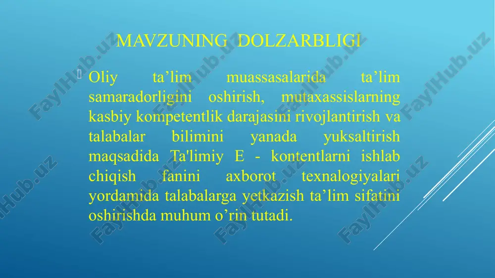 li talabalarga qulaylik yaratish. i bob. elektron ta'lim resurslaridan foydalaninshning nazariy asoslari 2. o‘quv jarayonida elektron ta'lim resurslaridan foydalaninshni tashkil etishning o'ziga xos xususiyatlari 3. o‘quv jarayonida elektron ta'lim resurslarini yaratish va qo'llashni tadbiq etish 1. elektron ta'lim resurslari va uning imkoniyatlari ii bob.“ta'limiy e-kontentlarni ishlab chiqish” fanidan elektron resurs yaratish (android dasturi misolida) 2.1.android studio dasturlash tilidan foydalanish imkoniyatlari 2.2. oliy o’quv muassasalari uchun ta’limiy e-kontentlarni ishlab chiqish mobil ilovasining axborot modeli android studio 2.2 turli xil android qurilmalar, jumladan telefonlar, planshetlar, shuningdek android auto, android wear va android tv qurilmalari uchun yuqori sifatli va samarali dasturlarni yaratish uchun eng samarali vositalarni o’z ichiga oladi. bu google-ning rasmiy rivojlanish muhiti bo’lganligi sababli, android studio-da dastur yaratish uchun kerak bo’lgan barcha narsalar mavjud: aqlli muharrir, nosozliklarni tuzatuvchi, shuningdek ishlashni tahlil qilish vositalari, emulyator va boshqalar. android studio ishlab chiqilgan e-kontent mobil ilovaning bosh sahifasi sellabus maruzalar amaliyot mustaqil talim mavzulari …