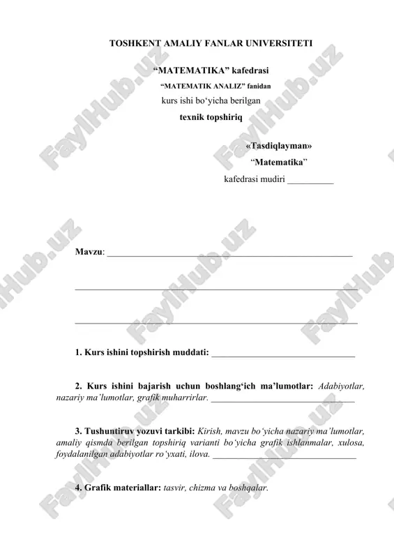 arining ilmiy adabiyotlardagi tahlili 1.1. hosila tushunchasiga olib keladigan masalalar 1.2. funksiya hosilasining ta’rifi. ii. bob. hosila, uning geometrik va mexanik ma`nolari 2.1. hosilaning geometrik va fizik ma’nolari. urinma va normal tenglamalari 2.2. hosila hisoblash qoidalari xulosa………………………………………………………………………….. foydalanilgan adabiyotlar………………………………………………………33 kirish matematika fanining asosiy bo‘limlaridan biri bo‘lgan analizda hosila tushunchasi juda katta ahamiyat kasb etadi. funksiya hosilasi — bu matematik analizda o‘zgaruvchi kattaliklar orasidagi bog‘liqlikni chuqurroq o‘rganish, o‘zgarishlarning tezligini aniqlash va ularning xarakterini tadqiq etish uchun eng muhim vositalardan biridir. analizning ushbu bo‘limi turli fanlarda – fizika, mexanika, iqtisodiyot, biologiya va boshqa sohalarda keng qo‘llaniladi. hosila — bu funksiya qiymatining argumentdagi kichik o‘zgarishlarga qanday javob berishini ko‘rsatadigan miqdor. boshqacha aytganda, u o‘zgaruvchining oz miqdordagi o‘zgarishiga nisbatan funksiyaning qanday va qanchalik o‘zgarishini aniqlaydi. bu tushuncha eng avvalo geometriyada egri chiziqning tangensiyasi (teginuvchi) bilan bog‘liq ravishda paydo bo‘lgan bo‘lsa-da, vaqt o‘tishi bilan hosila ko‘plab fizik jarayonlarning tahlilida asosiy vosita sifatida qo‘llanila boshladi. masalan, …