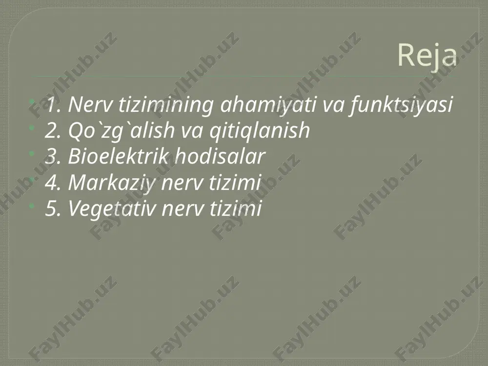ib, barcha organ va sistemalarning tuzilish, o`sishi va rivojlanishini ta`minlab turadi. 2. qo`zg`alish va qitiqlanish tiriklikning asosiy xususiyatlaridan biri berilgan ta`sirga nisbatan qo`zg`alish hosil qilib, unga javob qaytarishidir. natijada tirik organizmda qo`zg`alish yoki tormozlanish ro`y beradi. tashqi va ichki ta`sirlar 2 gruppaga adekvat va noadekvat ta`sirlari bo`lish mumkin. adekvat ta`sirlovchilar spetsifik (maxsus) qo`zg`alish keltirib chiqaradi. masalan, ko`rish retseptorlari uchun yorug`lik nuri, eshitish uchun tovush to`lqinlari adekvat ta`sirlovchilardir. qolgan barcha qitiqlagichlarni noadekvat ta`sirlovchilar deyiladi. noadekvat ta`sirlovchilarga organizm moslashmagan bo`ladi. bularga misol qilib yuqori kuchlanishdagi elektr tokini, kuchli mexanik ta`sirni va boshqalarni olish mumkin. noadekvat ta`sirlarga qaraganda, adekvat ta`sirlarga javob reaktsiyasi tez va mukammalroq bo`ladi. davomi: bu ta`sirlarni barchasi organizmga ta`sir etganda uch xil funktsional holatni keltirib chiqaradi: fiziologik tinchlik, qo`zg`alish va tormozlanish. fiziologik tinchlik holati deganda maxsus aktiv holat tushuniladi. bu vaqtda organizm tashqi va ichki ta`sirga qarshi tayyorgarlik ko`rib turadi. shuning uchun ham fiziologik tinchlik holatini nisbiy fiziologik tinchlik deb …