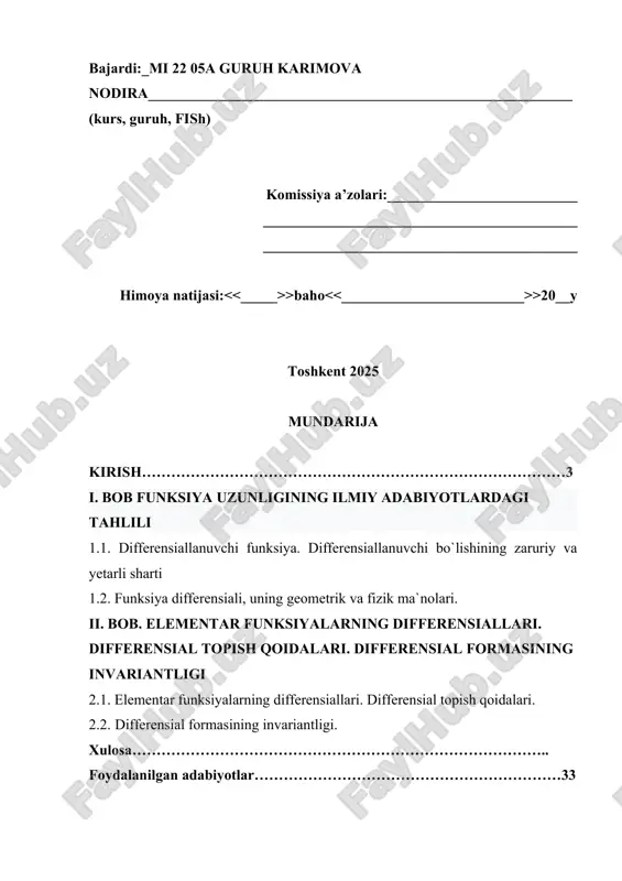 cheksiz kichik funksiya, ya`ni . y=kx+b chiziqli funksiyani qaraylik. uning uchun (y=k(x tenglik o`rinli, ya`ni funksiya orttirmasi argument orttirmasiga to`g`ri proportsional. tarifdagi (y=a((x+(((x)(x tenglik esa funksiya orttirmasi argument orttirmasiga «deyarli to`g`ri proportsional»ligini bildiradi, ya`ni (y(a(x. bu tenglik |(x| qanchalik kichik bo`lsa, shunchalik aniqroq bo`ladi. geometrik nuqtai nazardan funksiyaning x nuqtada differensiallanuvchi bo`lishi funksiya grafigi x nuqtaning yetarlicha kichik atrofida biror novyertikal to`g`ri chiziq, ya`ni biror chiziqli funksiya grafigi bilan «qo`shilib» ketishini anglatadi. shunday qilib, geometrik nuqtai nazardan funksiyaning x nuqtada differensiallanuvchi bo`lishi funksiya grafigini x nuqtaning yetarlicha kichik atrofida «to`g`rilash» mumkinligini anglatadi. masalan, 16-rasmda y=x2 funksiya grafigini x0=1 nuqta atrofida y=2x-1 to`g`ri chiziq grafigi bilan «qo`shilib» ketishi ko`rsatilgan. 16-rasm 17-rasm 17-rasmdan y=|x| funksiyani x=0 nuqtada differensiallanuvchi emasligi kelib chiqadi, bu funksiya grafigini x=0 nuqtaning hech bir atrofida «to`g`irlab» bo`lmaydi. differensiallanuvchi bo`lishining zaruriy va yetarli sharti teorema. f(x) funksiya x=x0 nuqtada differensiallanuvchi bo`lishi uchun uning shu nuqtada chekli f`(x0) hosilasi mavjud …