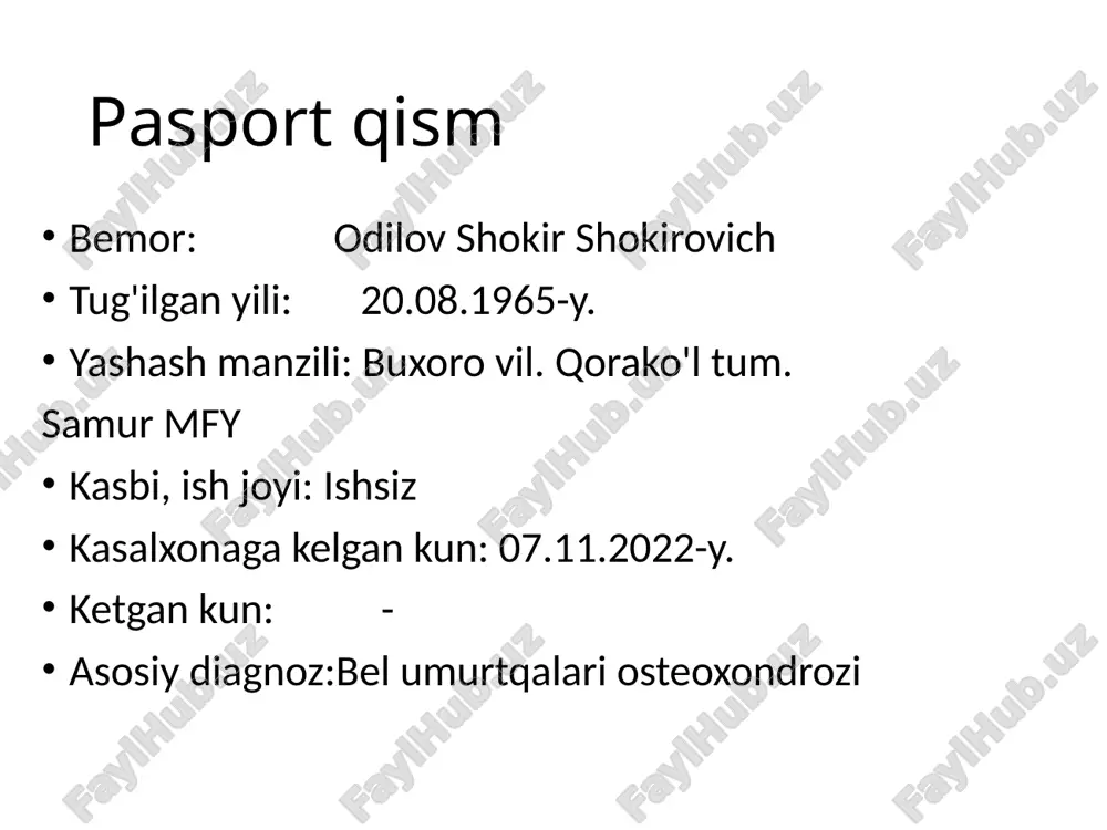 o'rta og'irlikda, es-hushi o'zida, teri qoplamalari odatdagi rangda nam, tili toza va nam, ko'rinadigan shilliq qavatlari och pushti rangda toza, periferik limfa tugunlari kattalashmagan. suyak-bo'g'im sistemasi deformatsiyasiz. gavdasi normostenik. o'pkasida vezikulyar nafas, nos-20ta/min. yurak tonlari bo'g'iq, puls-76ta/min, ritmik a/b- 130/90mm.sim.ust. qorni yumshoq, og'riqsiz, jigar va taloq paypaslanmaydi. ich kelishi va diurez regulyar. nafas olish sistemasi nafas olish burni orqali ravon, nafas harakatlari ko'krak tipida, ko'krak qafasi simmetrik, silindrik. gavdasi normostenik. ko'krak qafasi palpatsiyada ovoz dirillashi va ko'krak qafasi rigidligi normada, perkussiyada aniq o'pka tovushi, o'pka chegaralari normada auskultatsiyada vezikulyar nafas nafas olish soni-20ta/min. o'pka chegaralari o'ng chap lin. clavicularis 6 - lin. axillaris anterior 7 7 lin. axillaris media 8 8 lin. axillaris posterior 9 9 lin. scapularis 10 10 lin. paravertebralis 11 11 yurak-qon tomir sistemasi shikoyati yo'q. yurak chegaralari normada, yuqori chegarasi chapdan to'sh qirrasi bo'ylab 3qovurg'aga, chap lin. clavicularis sinistradan 1sm tashqarida, o'ng chegarasi to'sh qirrasidan 1sm …
