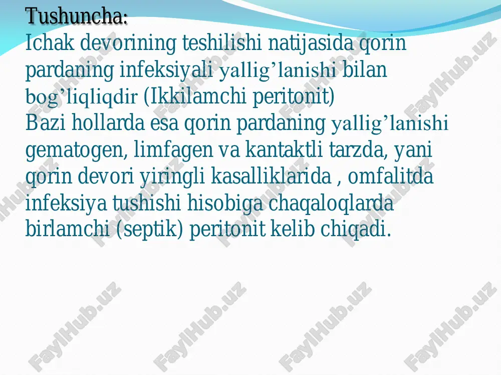 rligining aniqlanishi tashxisni tastiqlaydi. chegarali, yopiq perforatsiyali peritonit- qorin bo’shlig’ida absess paydo bo’lib, bunday yiringli jarayon qorin devori bilan yonma-yon turishi mumkin. absess sohasida shish, qizarish palpatsiyada-og’riqli infiltrat, fluktuatsiya rentgenda-hovoni ichaklar bo’ylab tekis tarqalmaganligi, ayrim sohalrda ichak devorining qalinlashuvi hisobiga dimlanishda havoning yig’ilishi, pnevmostaz kuzatiladi(bunday kartinani qorinning har xil sohalrida kuzatish mumkin). davolash: birlamchi septik peritonitda-asosan konservativ davo. antibotikoterpiya, dezintoksikatsionterapiya, mikroserkulyatsiyani yaxshilovchilar(reopoliglyukin, trental), ichaklar parezini oldini olish va davolash hamda desensibilizatsiyalovchi davo. yarali yoki nekrotik enterokolitda 1-3 dozada bifidumbakterum berish, iliq antiseptik moddalar, namatak yoki oblipexa moyi bilan davolovchi xuqna qilish. davolash: birlamchi septik peritonitda-asosan konservativ davo. antibotikoterpiya, dezintoksikatsionterapiya, mikroserkulyatsiyani yaxshilovchilar(reopoliglyukin, trental), ichaklar parezini oldini olish va davolash hamda desensibilizatsiyalovchi davo. yarali yoki nekrotik enterokolitda 1-3 dozada bifidumbakterum berish, iliq antiseptik moddalar, namatak yoki oblipexa moyi bilan davolovchi xuqna qilish.
