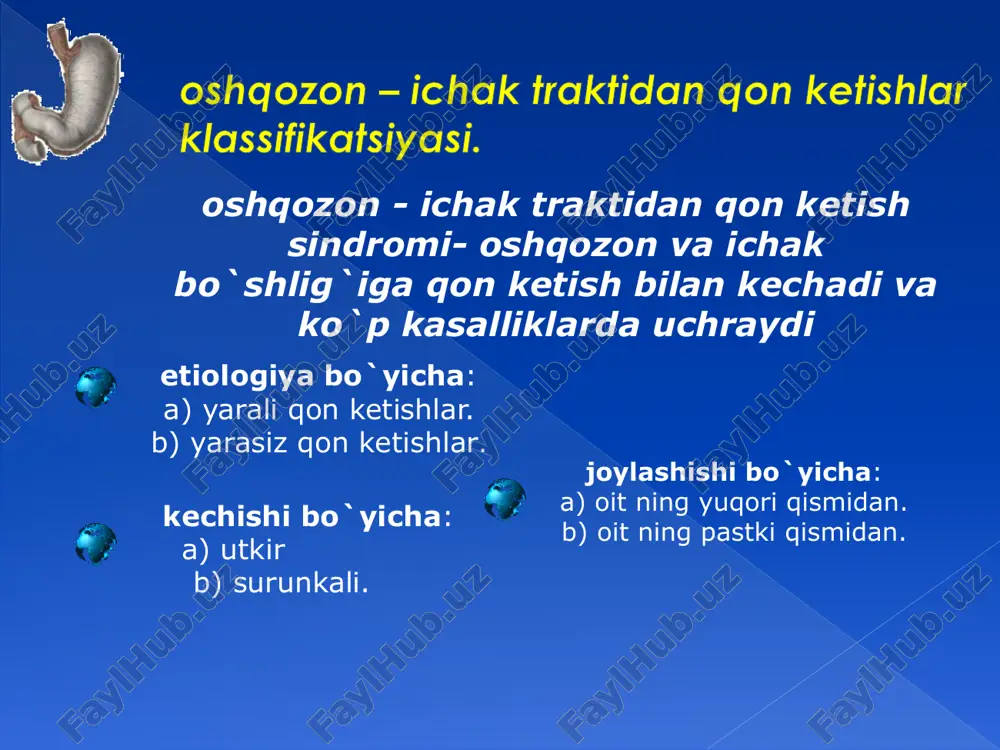 h» simptomi, tez-tez aspiratsiyalar kuzatiladi. diagnostika. trendelenburg xolatida rentgen kontrast tekshiruvda oshqozon- qizilo`ngach reflyuksi kuzatiladi. ezofagoskopiya. kardiyaning ochilib turishi aniqlanadi. davolash. asoratlanmagan xollarda – konservativ – gemostatik terapiya. shilliq qavtni qoplovchi moddalar, qoplovchi moddalar fonida ovqatlantirish. operativ – peptik o`zgarishlarda antireflyuks operatsiyasini (nissen usulida fundoplikatsiya). portal gipertenziyada qon ketishi. portal gipertenziyani ko`p uchraydigan asoratlaridan biri qizilo`ngach – oshqozondan qon ketishi. varikoz kengaygan qizilungach venalaridan va oshqozon kardial qismidan qon ketishi peptik ezofagitda qizilo`ngach shilliq qavati erroziyasi va kengaygan venalarini yorilish natijasida kelib chiqadi. klinika. portal gipertenziya sindromi darvoza venasida uzoq muddat davomida bosimni oshishi va portokoval anastomozlarda kollateral qon aylanish simptomlaridan tashqil topgan. jigar ichi portal gipertenziyada portal bosimni oshishi jigar tsirrozi klinikasi bilan bog`liq. jigar osti shakli. jigar usti shakli (badda – kiari kasalligi eki sindromi) – ko`p xollarda kuchli gepatosplenomegaliya, jigarning «taxtasimon» qattiqligi kuzatiladi. tashxislash: efgdes. oshqozonni zondlash. gemografiya. utt da taloqni o`lchamlarini dinamikada kuzatish. markaziy venoz qon …
