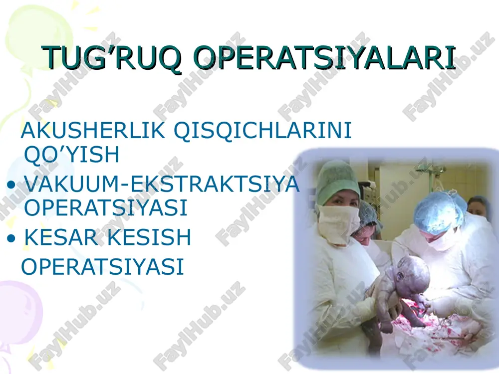 oidasi !!! chap qo’l chap qisqich onaning chap tomoni o’ng qo’l o’ng qisqich onaning o’n tomoni tutashuv 1-qisqich qoshiqchalarini kiritish qisqich qoshiqchalarini juftlashtirish sinov maqsadidagi traksiyasi asil traksiya qisqichni olish yuz va bosh terisi jaroxati kuzatilishi mumkin. chakalok yuz nerv larining jaroxati sinish borligini aniklash maksadida chakalok yuz va bosh suyaklarining butunligini tekshirish. onadagi asoratlar turrukda yumshok tukimalarning yirtilishi va bachadon buyni, kin va oralik butunligini buzilishi, epiziotomiya kilingan bulsa. ba'zan bachadon yirtilishi mumkin, darxol xirurgik yondoshish kerak. akusherskie shiptsi. vakuum ekstraktsiya operatsiyasi operatsiya homilani vakuum-ekskrator aparatida tortib olish bilan kechadi vakuum-ekstraktor yaratilishi dastlab 1849-yil simpson aeroekstraktorni taqdim etgan 1954-yil yugaslav akusheri finderle aparatni ilk original modelini yaratadi 1956-yil malstrom o’zi yaratgan modelni taqdim qiladi k.chachava va d.vashakidzelar yangi va mukammallashgan ekstraktorni ixtiro qiladi model chachava-vashakidze tug’ruq kuchlarining uzoq davom etadigan sustligi homila asfiksiyasi boshlanganligi distress sindromi operatsiyaga ko’rsatma operatsiya shart-sharoitlari bachadon bo’yni to’la ochilganligi homila pufagining yo’qligi homila boshi …