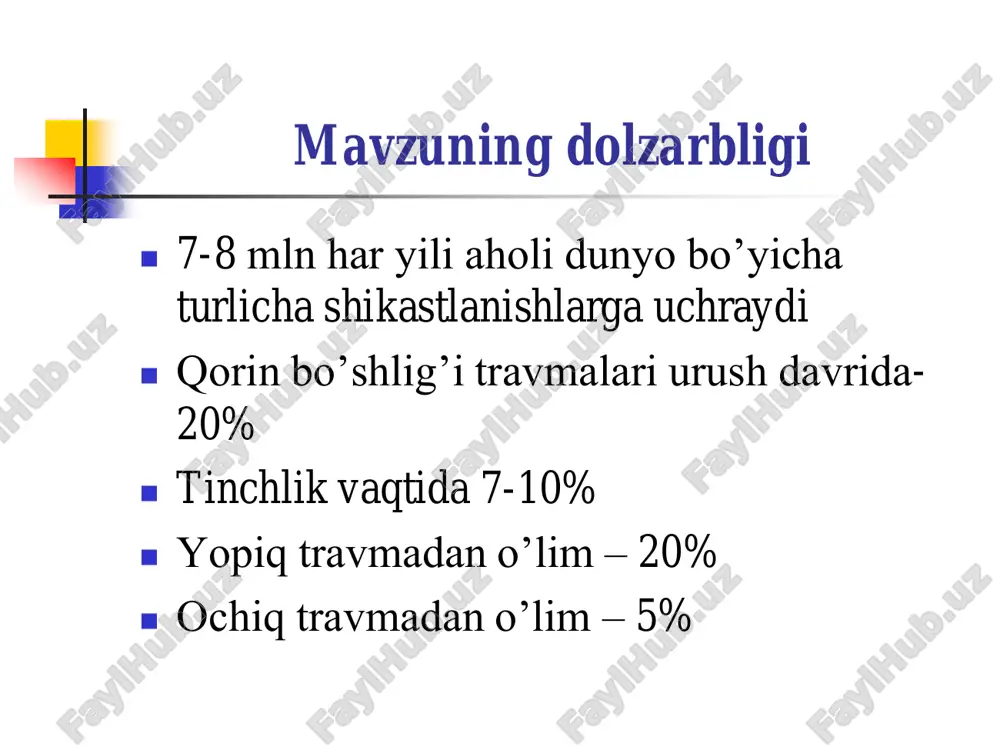  ko’ngil aynish, qusish  teri va shilliq qavatning oqarishi, quruq va oqimtir til  oldingi qorin devorida kuchsiz nafas ekskursiyasi  qorin old devori muskullarining taranglashuvi  o’tkirlashgan yuz  ichaklar parezi, qorinning kattalashishi  a’zolarning kattalashuvi va joyini o’zgarishi  parenxima mustahkamligi va elastikligini kamayishi qorin bo’shlig’i shikastlanish kasalliklarida instrumental tekshirish usullari  qorin bo’shlig’ini rentgen orqali ko’rish  utt  laparosentez  laparoskopiya ichki a’zolar shikastlanganda davolash etaplari  laparotomiya  a’zolar ko’zdan kechiriladi  shikastlanishni bartaraf qilish  qorin bo’shlig’ini sanatsiya qilish  qorin bo’shlig’ini drenajlash  nazorat operatsiyadan oldingi tayyorgarlik  markaziy venaga qon o’rnini bosuvchi suyuqliklar jo’natiladi  oshqozon, o’mrov osti venasi va siydik pufagiga katetr qo’yiladi  infuzion terapiya 2-3 l suyuqlik, puls nazorati, qon bosimi va soatlik diurez nazorati. jigarga bevosita shikast mexanizmi jigar jarohati jigar jarohatida charvidan tamponada laparosentez va laparotomiyadan oldin qorin old devoriga mahalliy anesteziya qorin to’g’ri muskuliga ligatura …
