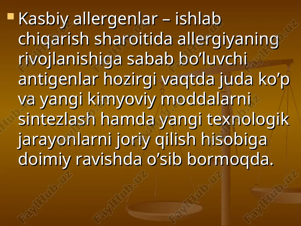 tog'-kon va ko'mir sanoatida ko'plab hosil bo'ladi. chang omili juda keng tarqalgan omillardan biridir: foydali qazilmalar qazib olish, ortish, tog'-kon sanoatida tushirish va uzoq masofaga olib borish va ajratish metal quyish mashinasozlikda temirchilik shakil berish tozalash taralash to'qimachilikda:paxtani tozalash yigirish erni xaydash, qishloq xo'jaligida xosilni eg'ish, mineral o'g'itlar ishlatish kimyoviy tarkibiga bog'liq holda chang quyidagi ta'sirlarni ko'rsatishi mumkin: fibrogen, toksik allergik fotosensibilizatsiyalovchi kantserogen qo'zg'atuvchi, ionlovchi. changning xususiyatlari : chang zarralarining dispersligi; changning kimyoviy tarkibi; changning eruvchangligi; chang zarralarining elektrzaryadlanganligi; chang zarrachalarining shakli; chang zarrachalarining qattiqligi. pnevmokoniozlarning tasnifi pnevmokonioz- larning asosiy shakllari (eti- ologik printsip bo'yicha) jarayonning tavsifi rentgenmorfolog-ik shakllari bosqich- lari kechi-shi asoratlari silikoz interstitsial (diffuz- sklerotik), tugunchali, tugunli i ii iii tez sekin kechki o'pka va o'pka yurak etishmovchi- ligi, o'pka emfi- zemasi, bronxit , bronxoektaz kasal- ligi, o'pka sili silikatozlar (asbestoz,tsemen- toz, talkoz, kao- linoz va boshq.) interstitsial, tugunchali i ii iii (xamma shakllaridaemas) sekin kechki (har doim …