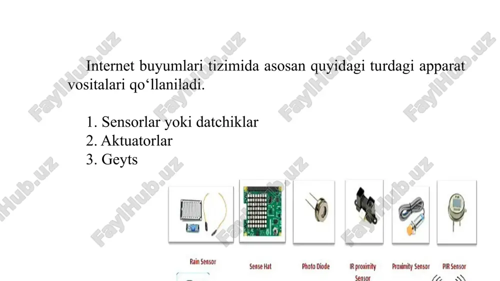 ta'minoti uslubiga ko'ra, datchiklar avtonom (akkumulyator bilan ishlaydi) va elektr ta'minoti tarmog'iga ulangan. ehtimol, ushbu turdagi elementlarning ma'nosi va maqsadini tushuntirish mantiqsizdir. bu standartlardan farq qilmaydi: turli xil termometrlar, mikrofonlar, kameralar va boshqa o'nlab kamroq tarqalgan qurilmalar. ulardan ba'zilari arduino uchun sensors starter kit tasvirida ko'rinadi: 3.1-rasm. sensor yoki datchiklar turlari. e’tiboringiz uchun raxmat image1.png image2.jpg image3.jpeg /docprops/thumbnail.jpeg