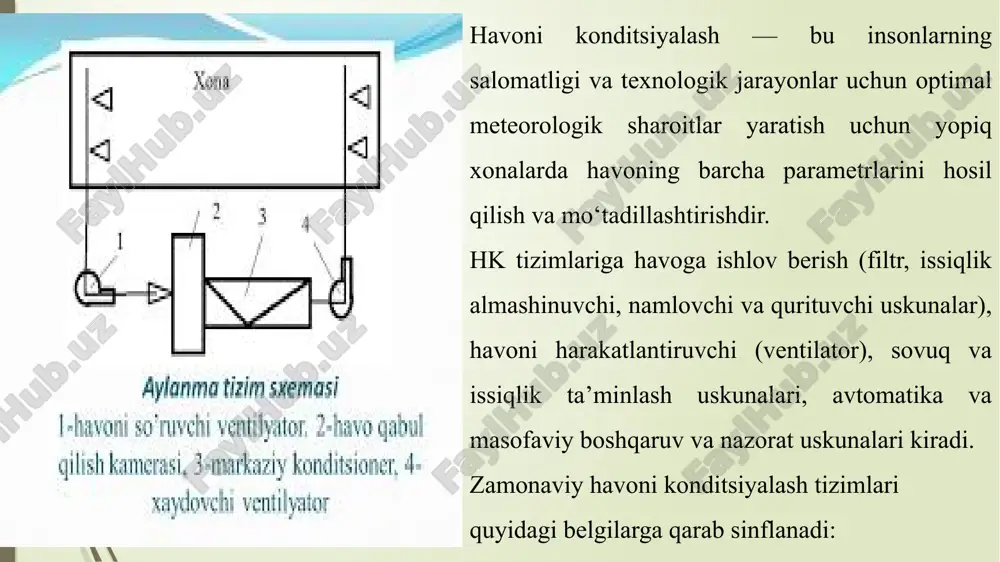 xonalarga issiqlik yoki sovuqlik beruvchi suv va havo jo‘natiladi (chiller-fankoyl) 4. harakat prinsipiga qarab: to‘g‘ri oqimli, resirkulyatsion va aralash. to‘g‘ri oqimli hkt to‘liq tashqi havoda n foydalaniladi, tashqi havo konditsionerda ishlov beriladi, so‘ngra xonaga uzatiladi. resirkulyatsion hkt qisman tashqi havoda (40% gacha) yoki resirkulyatsion havoda (69 dan 100% gacha) ishlaydi, havo xonadan olinib, konditsionerda ishlov berilgach, yana xonaga uzatiladi. 5. xizmat ko‘rsatilayotgan xonalar miqdoriga qarab: bir zonali yoki ko‘p zonali. bir zonali hkt issiqlik, namlik ajralishi nisbatan bir tekis taqsimlanadigan katta xonalarda (kinoteatr, auditoriya va b.q.) qo‘llaniladi. ko‘p zonali hkt jihozlar bir tekis taqsimlanmagan katt a xonalarda, shuningdek uncha katta bo‘lmagan bir qator xonalarda qo‘llaniladi. markaziy konditsionerlarning yelementlari fankoyllar — konstruksiyasida issiqlik almashinuvchi va ventilator mavjud, xonadagi havroratni rostlash uchun xizmat qiluvchi qurilmalardir. fankoylga issiqlik tashuvchi chillerdan uzatiladi, shuningdek, issiq suv markazlashgan isitish tizimidan yoki oqi kiruvchi qurilmadan toza havo ham uzatilishi mumkin. tuzilishi va funksiyasiga qarab fankoyllar split-tizimning ichki …