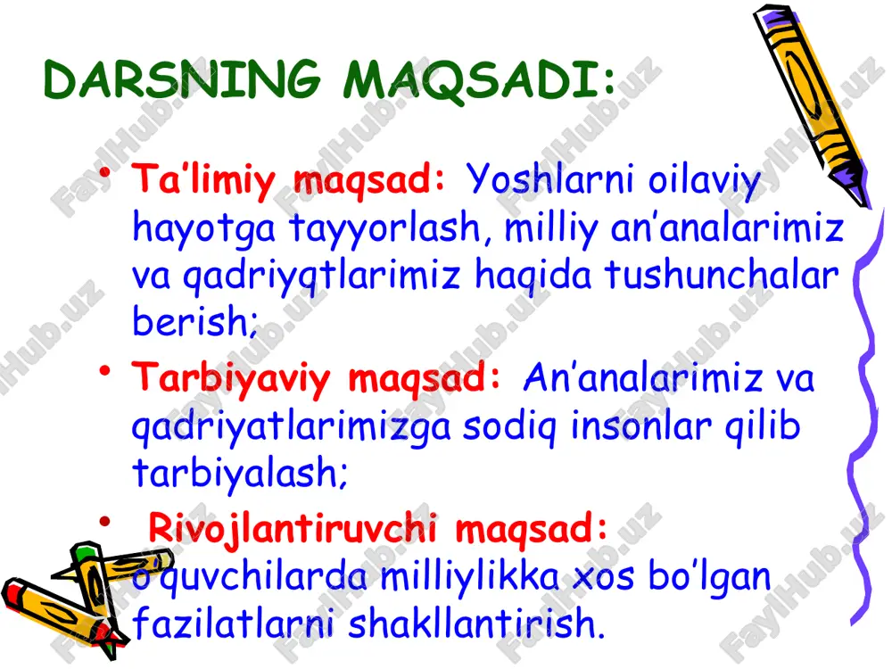 avloniyning “tarbiya biz uchun yo hayot – yo mamot, yo saodat – yo falokat masalasidir” degan so'zlari ma'nosi. ta'lim islohotlarining pirovard maqsadi. maktab islohotlari bo'yicha dasturlarning ahamiyati. oila to’g’risida gap ketganda, ko’pincha “jamiyatning poydevori” degan ibora uchraydi. bundan kelib chiqadiki, barqaror oila, baxtli oilalar qancha ko’p bo’lsa, jamiyat ham mustahkamroq va baxtliroq bo’ladi. yoshlarni mehnatga o’rgatish iv. yangi dars mavzusini mustahkamlash bilaman bilishni xohlayman bilib oldim b.b.b bugungi darsdan nima oldingiz? darsni yakunlash v.o’quvchilarni baholash. baholashning 5 imkoniyati bo’yicha baholash darsga umumiy tayorgarligi va intizom. uy vazifasini bajarganligi mavzu bo’yicha tushunchaga ega bo’lganligi og’zaki nutqining ravonligi darsdagi ishtiroki, fikr bildira olishi va xulosa qila bilishi. vi.uyga vazifa. mavzuni o`qish,savol va topshiriqlar ustida ishlash. e’tiboringiz uchun rahmat image2.jpeg image3.jpeg image4.jpeg image5.jpeg image6.jpeg image7.png image8.png image9.png image10.jpeg image11.png image12.png image13.png image14.jpeg image15.jpeg image16.jpeg image17.jpeg image18.jpeg /docprops/thumbnail.jpeg