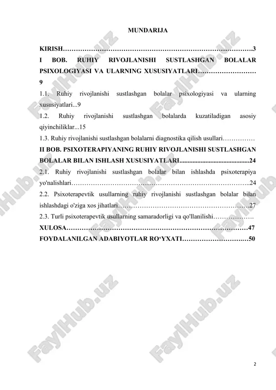 im bo‘lmoqda. bunday bolalarda tafakkur, diqqat, xotira, nutq va emotsional sohadagi buzilishlar jamiyatga to‘laqonli moslashish jarayoniga jiddiy ta'sir ko‘rsatadi. ayniqsa, logopediya va maxsus pedagogika sohalarida ruhiy rivojlanishi sustlashgan bolalar bilan ishlashning samarali metodlari, xususan, psixoterapevtik yondashuvlar muhim o‘rin tutadi. psixoterapiya nafaqat bolalarning ruhiy holatini barqarorlashtirish, balki ularning ijtimoiylashuvi, muloqot madaniyatini shakllantirish va o‘ziga bo‘lgan ishonchni tiklashda ham muhim vositadir. shuning uchun ushbu mavzu ilmiy va amaliy jihatdan ham nihoyatda dolzarb hisoblanadi. kurs ishining dolzarbligi – jamiyat taraqqiyoti, avvalo, sog‘lom, jismonan va ruhiy jihatdan barqaror avlodni tarbiyalashga bevosita bog‘liq. maktabgacha yoshdagi va boshlang‘ich sinf o‘quvchilari orasida ruhiy rivojlanishi sustlashgan bolalar sonining ortib borayotgani, bu muammo bilan bog‘liq pedagogik, psixologik va tibbiy yondashuvlarning o‘zaro integratsiyalashuv zarurati mavzuni yanada dolzarb qiladi. chunki aynan bu toifadagi bolalar ijtimoiy hayotga moslashishda, bilimlarni o‘zlashtirishda, shaxs sifatida shakllanishda sezilarli qiyinchiliklarga duch keladilar. ruhiy rivojlanishning sustlashuvi o‘z-o‘zini anglash, tashqi muhit bilan sog‘lom munosabat o‘rnatish, muloqot qilish, o‘qitish va …