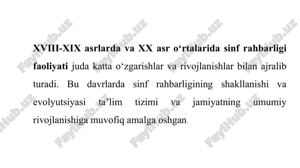 ini shakllantirishga katta e’tibor berilgan. sinf rahbarlari bolalarni kommunistik mafkura asosida tarbiyalash va ularni sodiq fuqarolar qilib yetishtirish vazifasini bajargan. o‘quvchilarning shaxsiy rivojlanishi: xx asr o‘rtalarida sinf rahbarlari o‘quvchilarning individual rivojlanishi, ularning qiziqishlari va ehtiyojlariga ko‘proq e’tibor qaratdi. bu davrda pedagogik jarayonlar shaxsga yo‘naltirilgan bo‘lib, o‘quvchilarning har tomonlama rivojlanishini ta’minlashga qaratilgan edi. sinf rahbarlari o‘quvchilarning faqat bilim olish jarayonini emas, balki ularning shaxsiy rivojlanish jarayonini ham boshqarishdi. ota-onalar bilan hamkorlik: sovet ittifoqi davrida sinf rahbarlari ota-onalar bilan yaqin hamkorlikda ishlashlari lozim edi. bu hamkorlik sinf rahbarining tarbiya jarayonida yakkalanmasdan, oila bilan birga bolalar rivojlanishiga yordam berishining muhim qismi edi. ota-onalarning faol ishtiroki bilan o‘quvchilarning ijtimoiy hayotga tayyorlanishi ta’minlandi. sinf hayotini tashkil etish: xx asr o‘rtalarida sinf rahbarlarining vazifalari faqat ta'lim bilan cheklanib qolmasdan, turli madaniy va ijtimoiy tadbirlarni tashkil qilishga ham qaratilgan edi. o‘quvchilarning sinfda birgalikda ishlashi, turli tadbirlarda ishtirok etishi ularning ijtimoiy ko‘nikmalarini rivojlantirishga yordam berdi. xviii-xix asrlarda sinf …