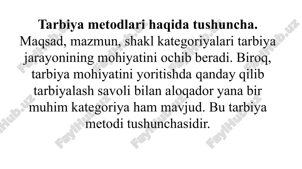 jobiy xulq-atvorni rag’batlantirish, salbiy xislatlarni tuzatish yoki oldini olish, ularning his-tuyg’ulari va maqsadlariga bevosita ta’sir ko’rsatishda foydalaniladi rag’batlantirish metodlari – o’quvchilarning harakatlarini ijobiy baholashni ko’zda tutadi. rag’batlantirish quvonch, qoniqish, qanoatlanish kechinmalarini paydo qiladi, tetiklik va g’ayrat bag’ishlaydi, o’z kuchiga ishonchni mustahkamlaydi, ijobiy xatti-harakatlarni rag’batlantiradi, o’z faoliyati va xulqiga mas’uliyatini oshiradi. jazo berish metodlari – bu o’quvchilarning xatti-harakati va faoliyatiga salbiy baho berishdir. jazo berish axloq me’yorlariga qarama- qarshi faoliyat va xatti-harakatlarni muhokama etishni ifodalaydi image1.png /docprops/thumbnail.jpeg