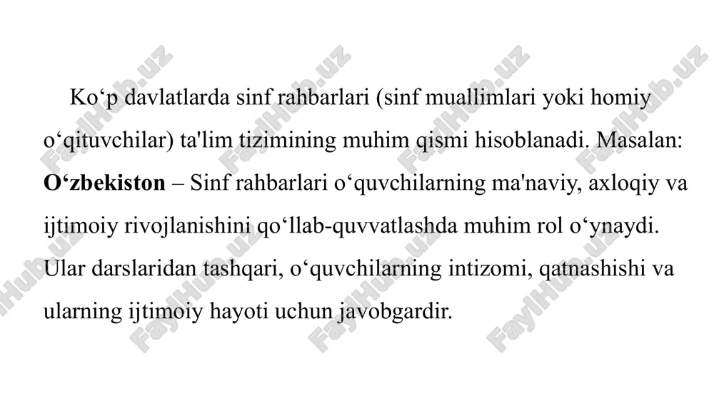 ushunishga o‘rgatishadi. sinf rahbarlari ota-onalar bilan muntazam uchrashuvlar o‘tkazib, ularning farzandlari bilan ishlashda hamkorlik qilishadi. shuningdek, sinf rahbarlari o‘quvchilarning darslardan tashqari sport, madaniy tadbirlar va boshqa faoliyatlarda ishtirokini ta’minlashadi. germaniya – bu davlatda sinf rahbarlari ("klassenlehrer") o‘quvchilar bilan doimiy aloqada bo‘lib, ularning muammolarini hal qilish va tarbiyaviy jarayonlarni boshqarishda faol ishtirok etadi. germaniyada sinf rahbarlari ("klassenlehrer") o‘quvchilarning ta'lim va tarbiya jarayonlarida doimiy muloqotda bo‘lib, ularning rivojlanishini kuzatishadi. sinf rahbarlari sinfdagi o‘quvchilarning individual ehtiyojlarini inobatga olib, ularga tarbiyaviy va ta’limiy yordam ko‘rsatishadi. ular ota-onalar bilan yaqindan ishlash orqali o‘quvchilarning oilaviy va ijtimoiy muammolarini ham hal qilishda yordam berishadi. germaniyada sinf rahbarlari shaxsiy rivojlanishga katta e’tibor qaratib, o‘quvchilarning umumiy muvaffaqiyati uchun mas'ul hisoblanadi. angliya sinf rahbari nomlanishi: "form tutor" faoliyati: angliyada sinf rahbarlari "form tutor" deb ataladi. ular maktabning pastoral tizimida muhim rol o‘ynaydi. form tutorlar o‘quvchilarning umumiy rivojlanishiga mas'ul bo‘lib, o‘quvchilar bilan muntazam ravishda muloqot qilishadi. ularning vazifalari shaxsiy va ijtimoiy …