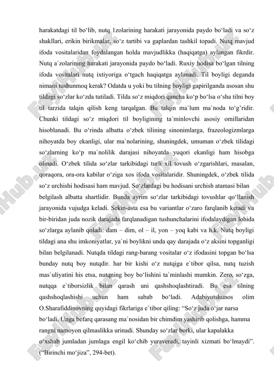 gan fikrdir. nutq a`zolarining harakati jarayonida paydo bo‘ladi. ruxiy hodisa bo‘lgan tilning ifoda vositalari nutq ixtiyoriga o‘tgach haqiqatga aylanadi. til boyligi deganda nimani tushunmoq kerak? odatda u yoki bu tilning boyligi gapirilganda asosan shu tildagi so‘zlar ko‘zda tutiladi. tilda so‘z miqdori qancha ko‘p bo‘lsa o‘sha tilni boy til tarzida talqin qilish keng tarqalgan. bu talqin ma`lum ma`noda to‘g’ridir. chunki tildagi so‘z miqdori til boyligining ta`minlovchi asosiy omillaridan hisoblanadi. bu o‘rinda albatta o‘zbek tilining sinonimlarga, frazeologizmlarga nihoyatda boy ekanligi, ular ma`nolarining, shuningdek, umuman o‘zbek tilidagi so‘zlarning ko‘p ma`nolilik darajasi nihoyatda yuqori ekanligi ham hisobga olinadi. o‘zbek tilida so‘zlar tarkibidagi turli xil tovush o‘zgarishlari, masalan, qoraqora, ora-ora kabilar o‘ziga xos ifoda vositalaridir. shuningdek, o‘zbek tilida so‘z urchishi hodisasi ham mavjud. so‘zlardagi bu hodisani urchish atamasi bilan belgilash albatta shartlidir. bunda ayrim so‘zlar tarkibidagi tovushlar qo‘llanish jarayonida vujudga keladi. sekin-asta esa bu variantlar o‘zaro farqlanib ketadi va bir-biridan juda nozik darajada farqlanadigan tushunchalarini …