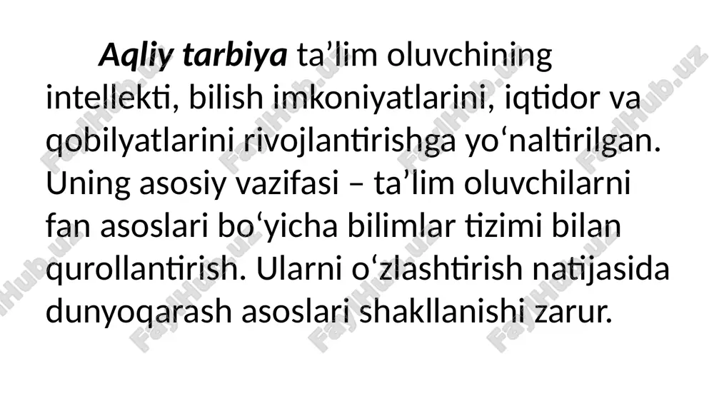 kllantirish. bu maqsad yaxlit vazifalarni hal qilish yo‘llarini izlab topishga imkon beradi:  ta’lim oluvchilarda iqtisodiy bilimlarni egallash va iqtisodiy faoliyatga ehtiyojni shakllantirish tarbiya jarayonini tashkil etish shakllari tarbiya mazmunini o‘qituvchi va o‘quvchilar o‘rtasidagi munosabatlar orqali ifodalash usullarini anglatadi. bu shakllar o‘quvchilarning yosh xususiyatlari, tarbiya maqsadlari va vazifalariga qarab tanlanadi. tarbiya jarayonini tashkil etishda quyidagi shakllar qo‘llaniladi: individual tarbiya: bu shaklda tarbiyachi har bir o‘quvchi bilan alohida ishlaydi, uning shaxsiy xususiyatlari, qiziqishlari va ehtiyojlarini inobatga oladi. guruhiy tarbiya: o‘quvchilar kichik guruhlarga bo‘linib, muayyan mavzular yoki faoliyatlar doirasida birgalikda ishlaydilar. bu usul o‘zaro hamkorlik, jamoaviylik va muloqot ko‘nikmalarini rivojlantirishga yordam beradi. ommaviy tarbiya: butun sinf yoki maktab miqyosida o‘tkaziladigan tadbirlar (masalan, bayramlar, tanlovlar, sport musobaqalari) orqali amalga oshiriladi. bu shakl o‘quvchilarda jamoatchilik hissini tarbiyalaydi. tarbiya jarayonini tashkil etishda innovatsion texnologiyalardan foydalanish ham muhim ahamiyatga ega. zamonaviy pedagogik texnologiyalar o‘quvchilarning faolligini oshirish, mustaqil fikrlash va ijodiy yondashuvlarini rivojlantirishga xizmat qiladi. shuningdek, tarbiya …