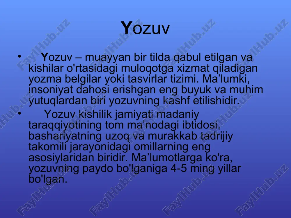 masalan, «o'tkir ko'zlik», «ziyraklik», «hushyorlik» tushunchalarini aynan rasmda ifodalab bo'lmaydi, ularni shu holatlarni kuzatuvchi, ya’ni ko'zni tasvirlash orqali berish mumkin bo'lgan. bunda piktografik yozuvda ko'z rasmi berilganda ko'zning o'zi tushunilgan, ideografik yozuvda esa, «o'tkir ko'zlik», «ziyraklik», «hushyorlik» tushunilgan. er.avvalgi iii ming yillik ideografiya ierogliflar er.fvvalgi bizning era vi v iii ii i ii … ix xx xxi «inson» ieroglifining rivoji «tog‘» ieroglifining rivoji daraxtlar daraxt odam +daraxt qadimgi misr yozuvi ierogliflar – bu qadimiy misr (va b.) yozuvining belgilari bo‘lib, ular bir so‘z yoki bir nechta tovushni bildirgan. * . * misr yozuvida 700dan ortiq ieroglif bo‘lgan ! – «og’iz» so’zi va «r» tovushi – «non» so’zi va «t» tovushi «omoch» so‘zi va «m» va «r» tovushlarining birikmasi – unli tovushlar ierogliflar bilan ifodalanmas edi ! * takje mojno obratitsya k illyustratsiyam v uchebnike: «egipetskie ieroglifi» , s. 60, i «oboznachenie chisel», s. 61. * bu rasmda qadimgi misrliklik kotib …