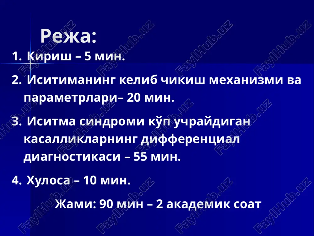 - gemorragik isitma ornitoz - gerpetik infektsiyalar xlamidioz - gripp gelmintoz - sariq isitma - qizamiq - infektsion mononuk-oz - suvchechak - epidemik parotit - ts.m.v. isitma bilan kechuvchi noinfektsion kasalliklar nevrologik lor va stomatologik - bosh miya abstsessi - o'rta otit - surunkali abstsess - sinusitlar - subdural abstsess - stomatit - epidural abstsess - paratonzillyar abstsess bosh miya travmalari terapevtik - turli xil qon quyilishlar - o'tkir bronxit xirugik - pnevmoniya - abstsesslar a) o'pka - miokardit b) jigar - plevrit v) buyrak - perikardit - appenditsit - xolangit - yiringli tireoidit - pielit va x.k.z. - ichak invaginatsiyasi gematologik - ichak tutilishi - transfuzion reaktsiyalar - pankreatit - o'tkir gemoliz - paroproktit - zardob kaslligi - peritonit - stivens-djonson sindr. - leykoz - limfagranulematoz boshqa kasalliklar o'tkir osti tireoidit tireoktoksikoz qon tomir trombozi, o'pka arteriyasi emboliyasi jigar tsirrozi leykoz buyrak raki sarkoma isitma parametrlari isitma balandiligi. isitma …