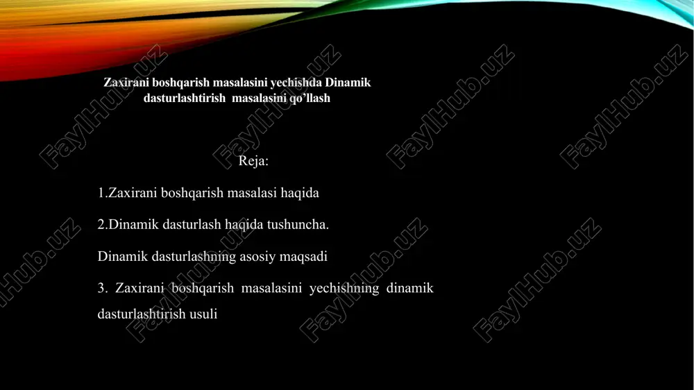 asalalarini yechishda dinamik dasturlash usuli muhim rol o‘ynaydi. bunda, zaxirani boshqarish modelini qo‘llash natijasida quyidagi ikki savolga javob berilishi talab etiladi: 1) qanday miqdordagi mahsulot ishlab chiqarilishi lozim? 2) mahsulotni qaysi vaqtda ishlab chiqarish kerak?. bu yerda ko‘p narsa talablarning xususiyatlariga bog‘liq. qaysiki, ular determinik (muqarrar m a’lum) yoki ehtimollik (taqsimot ehtimolligi berilgan) holda bo‘lishlari mumkin. bunda determinik talab statistik holda, ya’ni vaqt davomida iste’mol intensivligi o'zgarmaydi yoki dinamik holda, ya’ni talab oldindan m a’lum, ammo vaqtga bog‘liq ravishda o‘zgarib turadi, bo'lishi mumkin. o'z navbatida ehtimollik talabi statsionar. ya’ni talabning ehtimollik taqsimoti vaqtga bog'liq emas va statsionar bo'lmagan, ya’ni talabning ehtimollik taqsimoti vaqtga bog'liq ravishda o'zgaradi. haqiqatda, real holatda determinik statistik bo'lgan talab kam uchraydi va buni eng sodda hoi deb hisoblash mumkin. masalan, biror shaharning nonga bo'lgan talabi kundan kunga o'zgarsa ham, bu o'zgarish sezilarli bo'lrnaganligi sababli, nonga bo'lgan talabni determinik statistik deb olish bilan, aslida, deyarli yo'qotish bo'lmaydi. …