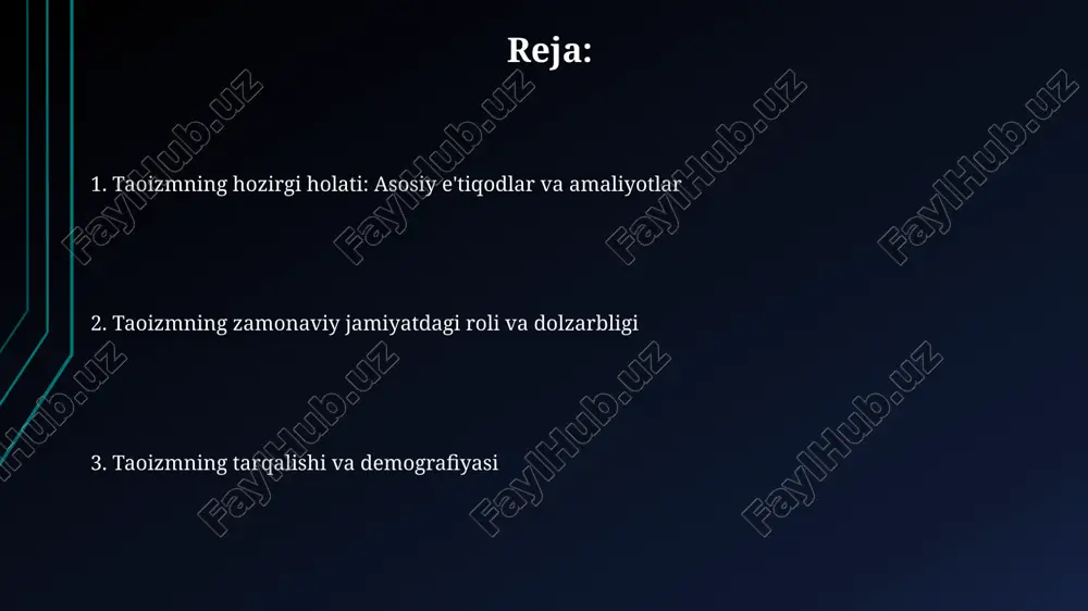 atida ko'riladi, bu esa birgalikda mavjud bo'lishga imkon beradi. asosiy taoistik e'tiqodlar taochilar insoniyat va tabiat oʻrtasidagi uygʻunlikni qadrlashadi, bu “tao” (yoʻl)ga mos yashash orqali amalga oshiriladi va “wu wei” (harakatsizlik) tamoyilini qoʻllash orqali ifodalanadi. yin va yang tushunchasi dualistik, lekin bir-birini toʻldiruvchi kuchlarni anglatadi; masalan, qorongʻulik va yorugʻlik tao olamining muvozanatini saqlaydi, uni doimiy oʻzgaruvchan qiladi. kirish qirgʻiz madaniyatida “manas” eposi muhim ahamiyatga ega; u qirgʻizistonning 10-asrdagi tarixini va qahramon manasning ekspluatatsiyasini batafsil bayon qiladi, hajmi 500 000 qatorga yaqin. qirgʻiziston, rasmiy nomi qirgʻiz respublikasi, markaziy osiyoda joylashgan suveren davlat boʻlib, aholisi 6.7 milliondan ortiq va hududining 90% dan ortigʻi togʻlardan iborat. taoizm adabiyoti va o'qitilishi zamonaviy taoizm ta’limotida “zhuangzi” (miloddan avvalgi 4-asr) falsafiy qarashlari muhim rol o’ynaydi, unda erkinlik, tabiatga yaqinlik va jamiyatdan uzoqlashish g’oyalari targ’ib qilinadi. bugungi kunda taoizm o'qitilishi turli yo'nalishlarda olib boriladi: an'anaviy monastirlarda, shaxsiy ustozlar orqali va hatto onlayn kurslarda ham, har birining o'z …