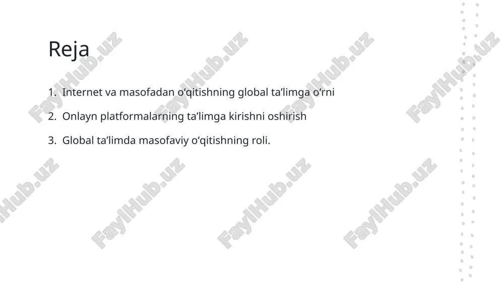 a, masofadan o‘qitish keng qo‘llanilayotganligi ham quvonchli hol. vaholanki, ta'lim tizimida sezilarli o‘zgarishlar ro‘y bermoqda. ta’lim tizimida masofadan o‘qitish uslubi shakllari qo‘llanilmoqda. masofaviy ta’lim uslubi bu sirtqi o‘qishning yangi shakli va mustaqil o‘qishdir. bu insonning mustaqil fikrlash, holatni baholash, xulosa va bashorat qilish qobiliyatlarini rivojlantiradi. onlayn platformalar orqali taʼlimning global koʻrsatkichi onlayn taʼlimning ommaviy koʻrsatkichi onlayn platformalar dunyo boʻylab taʼlimga erkin kirishni taʼminlaydi va oʻquvchilarga yangi imkoniyatlar ochadi. taʼlim jarayonini muvofiqlashtirish onlayn platformalar oʻquvchilarning individual talablariga mos taʼlim dasturlarini taklif qilish orqali taʼlimni shakllantirishga yordam beradi. kross-kultura almashish onlayn taʼlim orqali oʻquvchilar dunyo boʻylab kross-kultura almashishni va mustaqil fikr almashishini rivojlantirish imkoniyatiga ega boʻladi. internet va masofadan oʻqitish orqali taʼlimning demografik oʻzgarishi internetning taʼlimda oʻz xizmatini koʻrsatishi internet taʼlim sohasiga yangi imkoniyatlar ochmoqda, oʻquvchilarga dunyo boʻylab xizmat koʻrsatish uchun muhim vosita. masofadan oʻqitishning oʻquvchilarning geografiyasini oʻzgartirishi masofadan oʻqitish orqali taʼlimning demografik oʻzgarishi, oʻquvchilarning geografiyaviy chegarasini kengaytiradi va global aloqalar yaratadi. …