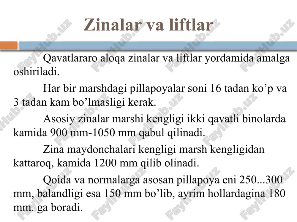 ’raladi va uni ostki qismida balandligi 1300 mm ga teng chuqurcha bo’lib, u joyga amortizator va tortib turuvchi uskuna joylashtiriladi. liftlar a–lenoleumli pol; b,k–keramik plitali; v,i–parketli; g,l–yog'och taxtali; d–gipsobeton plitasi ustidan o'rnatilgan linoleumli; e,j–o'rama materialli; m,n – yog'och qipiqli; 1–shibbalangan grunt; 2–beton zamin; 3–tsementli qorishma; 4–ruberoid qatlam; 5–linoleum; 6–keramik (sopol) plitkachalar; 7–tsement qorishma; 8–parket; 9–asfalt; 10–issiq bitumli qatlam; 11–yog'och taxtali; 12–laga; 13–ikki qatlam to'l; 14–g'isht ustuncha; 15–antiseptik qatlam; 16–grunt–qum zamin; 17–gips–beton zamin; 18–ora yopma paneli; 19–tovush o'tkazmaydigan prokladka; 20–tapifleks; 21–panel; 22–shlakbeton; 23–yog'och tolali plita; 24–yopishtiruvchi mastika; 25–quyma tekislovchi qatlam; 26–tovush o'tkazmaydigan qatlam; 27–gips qorishma; 28–yog'och qirindili plita; 29–yig'ma tekislovchi qatlam. image3.jpeg image4.jpeg image5.jpeg image6.jpeg image7.jpeg image8.jpeg image9.jpeg image10.png /docprops/thumbnail.jpeg