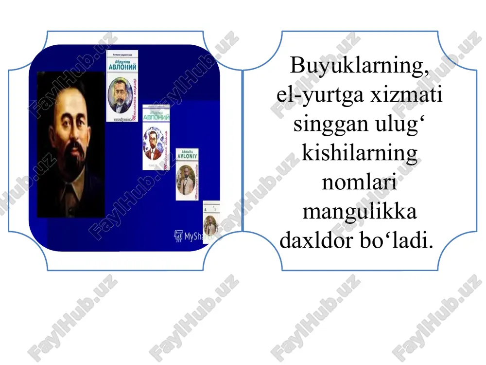 im” – “alifbe”, “ikkinchi muallim” – “oʻqish” kitoblari katta rol oʻynadi. a.avloniyning ijodiy faoliyati “birinchi muallim”da avloniy dastavval 32 harfni yolgʻiz yoziladigan shakllarini bir sahifa alifbo tartibida bergan. shu sahifada alifning soʻzning boshida, oʻrtasida va oxirida yozilishini koʻrsatgan, soʻng alifni barcha “bosh harflar”ga qoʻshib, boʻgʻinlar hosil qilgan. “ikkinchi muallim”da axloq-odobga doir, halollik va poklikka oid turli sheʼrlar, hikoya, masal va ertaklar jamlangan, rangbarang allegorik qiyofalardan ustalik bilan foydalangan. a.avloniyning ijodiy faoliyati abdulla avloniy “maktab gulistoni”, “turkiy guliston yoxud axloq” kabi darsliklari bilan hozirgi zamon oʻzbek bolalar adabiyotiga poydevor qoʻygan edi. uzoq yillar qayta-qayta nashr etilgan “turkiy guliston yoxud axloq” asari yusuf xos hojibning “qutadgʻu bilig”, nosir xusravning “saodatnoma”, saʼdiyning “guliston” va “boʻston”, jomiyning “bahoriston”, navoiyning “mahbub ul-qulub”, donishning “farzandlarga vasiyat” asarlari kabi oʻziga xos tarbiyaviy ahamiyatga ega. uning “bahor keldi”, “bulbul”, “bola ila gul”, “yolgʻonchi choʻpon”, “tulki ila qargʻa” kabi juda koʻp sheʼrlari kichik yoshdagi bolalarga bagʻishlangan. a.avloniyning ijodiy faoliyati …