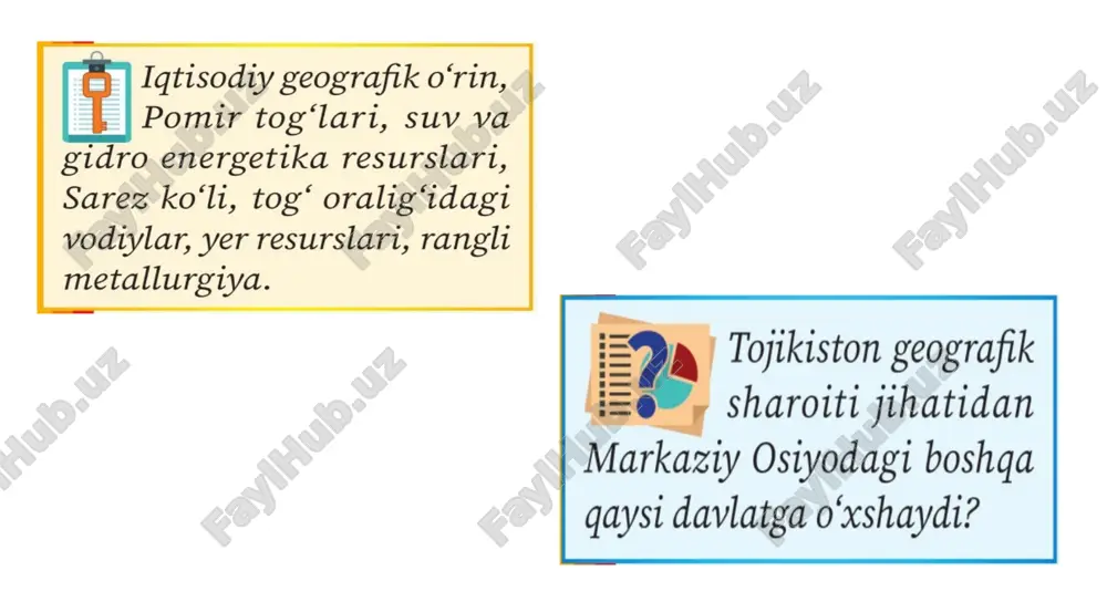 ikasi suv va gidro energetika resurslari bilan eng yaxshi ta’minlangan davlatlar qatoriga kiradi. mamlakat hududidan panj, vaxsh, sirdaryo, zarafshon kabi daryolar oqib o‘tadi. tojikiston qorako‘l, sarez, iskandarko‘l respublikaning eng katta ko‘llaridir. 1 2 3 4 daryo va ko‘llari 7 5 6 panj vaxsh sirdaryo zarafshon qorako‘l sarez iskandarko‘l ulardan ayniqsa pomirda joylashgan, 1911-yili kuchli zilzila natijasida murg‘ob daryosi o‘zanida vujudga kelgan yirik to‘g‘onli ko‘l — sarez ko‘li mashhur. aholisi. tojikiston qirg‘iziston singari markaziy osiyo davlatlari orasida aholining yuqori tabiiy o‘sish sur’atlari (yiliga 2,2%) bilan ajralib turadi. shuningdek, tojikiston mintaqadagi shahar aholisining ulushi eng past bo‘lgan davlat hisoblanadi (26%, 2020-y.). poytaxt aholisi 850 ming kishidan ortiq. katta shaharlar toifasiga xo‘jand, boxtar (sobiq qo‘rg‘ontepa) va ko‘lob shaharlari mansub. shaharlari dushanbe xo‘jand boxtar ko‘lob aholisining 85% ga yaqin qismini tojiklar tashkil qiladi (88-rasm). aholining milliy tarkibida ikkinchi o‘rinda tojikistondagi umumiy soni 1 mln kishidan ortadigan o‘zbeklar turadi. ular asosan o‘zbekiston bilan chegaradosh rayonlarda …