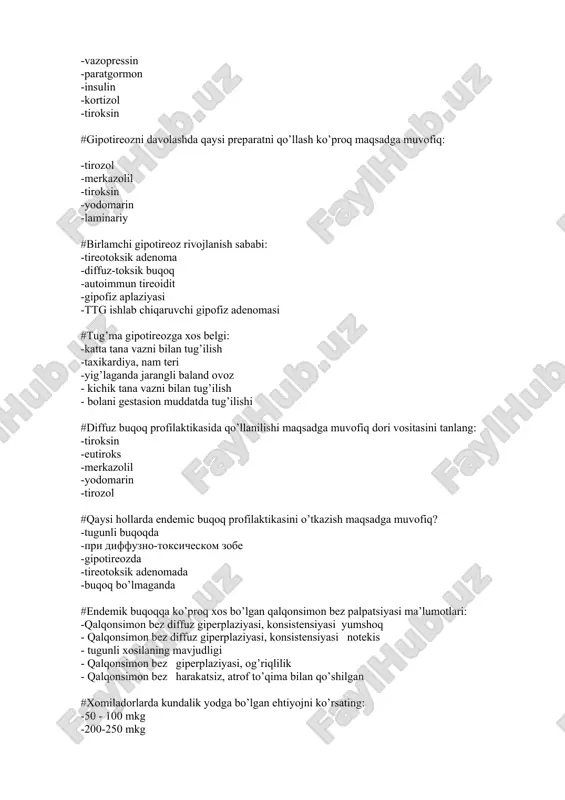 ksin -eutiroks -merkazolil -yodomarin -tirozol #qaysi hollarda endemic buqoq profilaktikasini o’tkazish maqsadga muvofiq? -tugunli buqoqda -pri diffuzno-toksicheskom zobe -gipotireozda -tireotoksik adenomada -buqoq bo’lmaganda #endemik buqoqqa ko’proq xos bo’lgan qalqonsimon bez palpatsiyasi ma’lumotlari: -qalqonsimon bez diffuz giperplaziyasi, konsistensiyasi yumshoq - qalqonsimon bez diffuz giperplaziyasi, konsistensiyasi notekis - tugunli xosilaning mavjudligi - qalqonsimon bez giperplaziyasi, og’riqlilik - qalqonsimon bez harakatsiz, atrof to’qima bilan qo’shilgan #xomiladorlarda kundalik yodga bo’lgan ehtiyojni ko’rsating: -50 - 100 mkg -200-250 mkg -100 - 150 mkg -300 - 400 mkg -150-170 mkg #gipotireozga xos shishlar: - butun tana bo’ylab yumshoq shishlar - oyoqarda yumshoq shishlar - yuzdagi yumshoq shishlar -butun tana bo’ylab qattiq shishlar - butun tanadagi yumshoq shishlar #semizlikni davolashda quyidagi qaysi dori vositasi energiya sarfini kuchaytiruvchi vositalarga kiradi? -ksenikal -sibutramin -metformin -orlistat -festal #ayollarda kuzatiladigan semizlikda ko’pincha yog’ to’qimasining o’ziga xos taqsimlanishi: -aksariyat hollarda son bilan dumba sohasiga - aksariyat hollarda qorin sohasiga - aksariyat hollarda …
