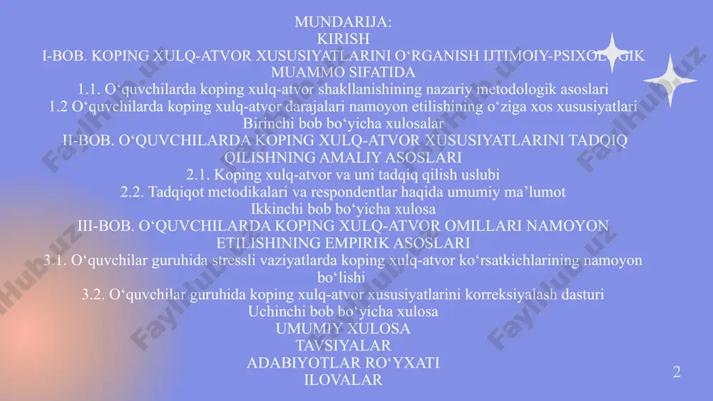 hizmat qiluvchi asosiy koping xulq-atvor strategiyalarini aniqlash; - o‘quvchilarda koping xulq-atvor shakllanishidagi gender farqlarni o‘rganish; - o‘quvchilarda koping xulqni korreksiyalash bo‘yicha tegishli amaliy tavsiyalarni ishlab chiqish; tadqiqotning obyekti sifatida o‘quvshilarda koping xulq-atvor omillari shakllanishining ijtimoiu psixologik mexanizmlari jarauoni bo‘lib jizzax shahar 11 - umumta’lim maktabining 6-a va 6-b sinf o‘quvshilari orasidan jami 52 nafar o‘quvshi tanlab olingan. 4 tadqiqotning predmetini o‘quvchilardagi koping xulq-atvor strategiyalari tashkil etadi. i-bob. koping xulq-atvor xususiyatlarini o‘rganish ijtimoiy-psixologik muammo sifatida 1 i-bob. koping xulq-atvor xususiyatlarini o‘rganish ijtimoiy-psixologik muammo sifatida o‘quvchilarda koping xulq-atvor shakllanishining nazariy metodologik asoslari psixologik himoyaga doir bir necha klassifikasiyalar mavjud bo‘lib, ularning ichida eng sodda klassifikasiya bu - mukammal va primitiv himoyadir. birinchisi - rasionallashtirish, intelektuallashtirish, yumor, sublimasiyadan iborat bo‘lsa, ikkinchisi - disosiasiya, inkor etish, kuchli nazorat, past baholash, izolyatsiya, agressor hukm, bog‘lanish va kerakli vaziyatda namoyon bo‘lish kabi holatlarni o‘z ichiga oladi. psixologik himoyani ajratishning o‘zgacha prinsiplari ham mavjud bo‘lib, ulardan biri …
