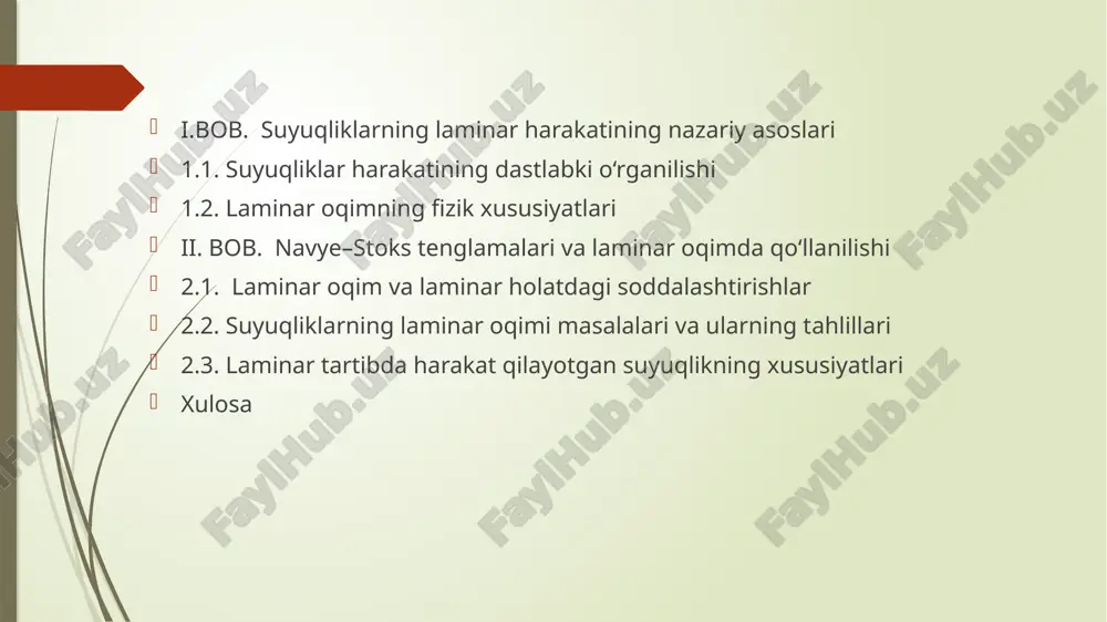 jihatlarini aniqlash. laminar oqimning amaliy qo‘llanilish sohalarini, xususan, tibbiyot, muhandislik va sanoatdagi ahamiyatini ko‘rsatish. tadqiqot maqsadi va vazifalar laminar oqim – bu suyuqlik zarrachalari qatlamlarga bo‘linib, bir-biriga aralashmay, silliq va tartibli harakatlanadigan oqim turidir. odatda bu holat suyuqlikning past tezlikda va yuqori qovushoqlikda oqishida kuzatiladi. laminar oqimda har bir zarracha faqat bitta yo‘nalishda harakatlanadi va oqim chiziqlari to‘g‘ri, paralel shaklda bo‘ladi. i.bob. suyuqliklarning laminar harakatining nazariy asoslari 1.1. suyuqliklar harakatining dastlabki o‘rganilishi laminar oqim – barqaror, silliq, tartibli oqim. qon aylanish, yog‘ oqimlari va mikrokanallarda uchraydi. turbulent oqim – betartib, aylanishli, energiya yo‘qotuvchan. daryo, kanal, gaz quvurlarida uchraydi. oqim turlarining solishtirilishi laminar oqim turbulent oqim reynolds soni va oqim turlari reynolds soni – oqimning laminar yoki turbulentligini aniqlashda ishlatiladi. bu son quyidagi formula bilan hisoblanadi: re = ρvd/μ. agar re 4000 bo‘lsa – oqim turbulent; 2000–4000 oralig‘i esa o‘tish zonasi hisoblanadi. reynolds soni oqimning qaysi tartibda kechishini belgilab beradi. tadqiqotda …
