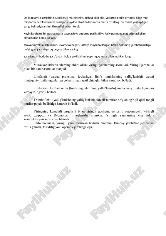 aga kiradi, bu umumiy intoksikatsiya belgilari paydo bo'lishiga olib keladi. kadamma kadam antiseptik echimlar bilan qo'l ishlov berish - qo'lqoplarni taqinglar va yiringli jarohatlardan ifloslangan kiyimlarni (agar mavjud bo'lsa) olib tashlang. agar u yopiq bo'lsa, uning ustida vodorod periksni tomchi qoldiring va ta'sirlangan hududga zarar etkazmaslik uchun olib tashlang. aks holda yara qon keta boshlaydi. qo'lqoplarni o'zgartiring. steril gazli matolarni yumshoq qilib olib, vodorod periks eritmasi bilan mo'l miqdorda nemlendirin va buzilgan maydon atrofida bir necha marta tozalang. bu terida yashaydigan yangi bakteriyalarning kirmasligi uchun kerak. keyin jarohatni bir necha marta davolash va vodorod periksidi va kaliy permanganat eritmasi bilan almashinish kerak bo'ladi. jarayonni yakunlash uchun, levomekolni gazli lattaga moyli ho'llangan holda qoldiring, jarohatni ustiga qo'ying va yarani quruq peçete bilan yoping. zararlangan hududni sarg'aygan holda yoki kiyimni yopishqoq lenta bilan mahkamlang. murakkabliklar va ularning oldini olish: yiringli yaralarning asoratlari. yiringli jarohatlar bilan bir qator asoratlar mavjud. limfangit (yaraga proksimal …