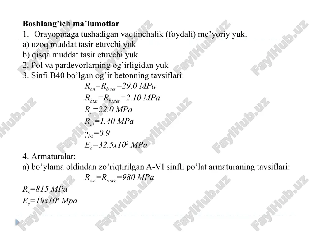 uddatli -qisqa muddatli 10.5x1.5=15.75 2.8x1.5=4.2 1.05 1.2 16.537 5.04 jami: νser=19.95 - ν=21.577 hammasi bo’lib: pser= g ser+νser=25.8 p= g +ν=28 yuklarni aniqlash plitaga tasir qiluvchi yuklar 1-jadvalda aniqlangan. 1-jadval plitaga ta’sir qiluvchi yuklar plitada hosil bo’luvchi zo’riqishlarni aniqlash plitaning hisobiy sxemasi 7-rasmda keltirilgan. plitaning hisobiy oralig’i l=5550-100=5450 mm =5.45 m. plita oralig’ining o’rtasida hosil bo’luvchi eguvchi momentlarning qiymatlari: - to’liq me’yoriy yukdan: - meyoriy qisqa muddatli vaqtinchalik yukdan: - meyoriy uzoq muddatli vaqtinchalik yukdan: - to’liq hisobiy yukdan: 7-rasm. plitaning hisobiy sxemasi. p=28kh/m tayanchlardagi kesimlarda to’liq hisobiy yukdan hosil bo’luvchi ko’ndalang kuch: kn. foydalanilgan adabiyotlar hassoun m. nadim. scructural concrete: theory and design/ m. nadim hassoun, south dakota state university, athem al-manasser, san-jose state university. – sixth edition, 2012. b.a.asqarov , sh.r.nizamov “temirbeton tosh-gisht konstruksiyalari” t. o`zbekiston 2008 y. (darslik) e.m.maxamataliev, s.s.shaumarov “ko’p qavatli sanoati binosining temirbeton konstruksiyalarini loyihalash”, toshtymi ,2010 y. (metodik qo’llanma) qmq 2.03.01-97. beton va temirbeton …