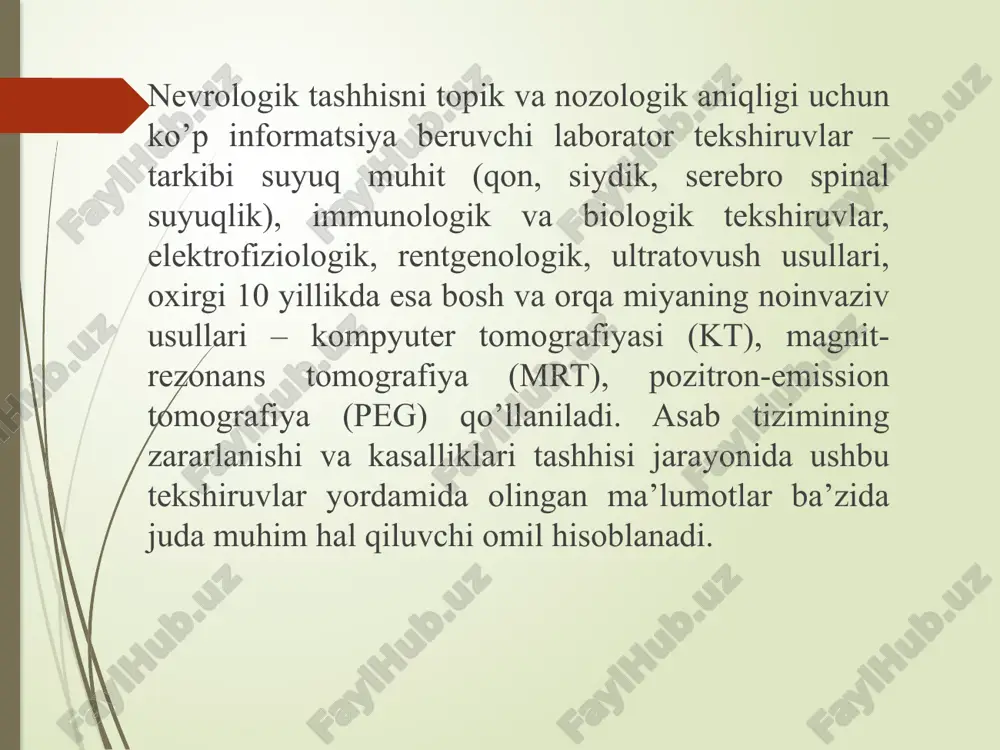 nadi; gipodensiv (to’q signal bilan past zichlik) ishemik infarkt sohalarini, ba’zi glial va metastatik o’smalarni, kistalar, kt da kam aniqlanuvchi demiyelinizatsiya o’choqlarini ko’rsatadi. kt ni mrt bilan birga solishtirilganda bir qancha farqlar kuzatiladi: kt mrt ga nisbatan qon quyilishini erta ko’rsatadi, suyak patologiyasi belgilarini aniqlaydi. afsuski, ishemik o’choq kt yordamida faqatgina 2-sutkadan diagnostika qilinadi, tarqoq sklerozda demiyelinizatsiya o’chog’i kam hollarda ko’rinadi. miya zararlanishini tashhislashda usulning ahamiyati bosh va umurtqa pog’onasi kesmalar tasvirini faqat bitta, tana o’qiga ko’ndalang (aksial) yo’nalishda olish mumkinligidan kamayadi. kt imkoniyatlarining bu cheklanishini mrt yordamida to’ldirish mumkin. boshning kt usuli imkoniyatining keng namoyon bo’lishi uch o’lchamli kompyuter-tomografik rekonstruksiya hisoblanadi, bu rentgen kt ning oxirgi imkoniyatlaridan biri bo’lib, suyaklarning, turki tekistlik va turli burchak ostidagi yumshoq to’qima va tomirlar hajmli suratini olishga imkon beradi. mskt-angiografiya mskt-angiografiya 3d rekonstruksiya mskt-angiografiya mskt tomirlar intrakranial bo’limi mskt-angiografiya magnit-rezonans tomografiya (mrt) — eng zamonaviy diagnostika usullaridan biri. kt dan farqli, bu usul …