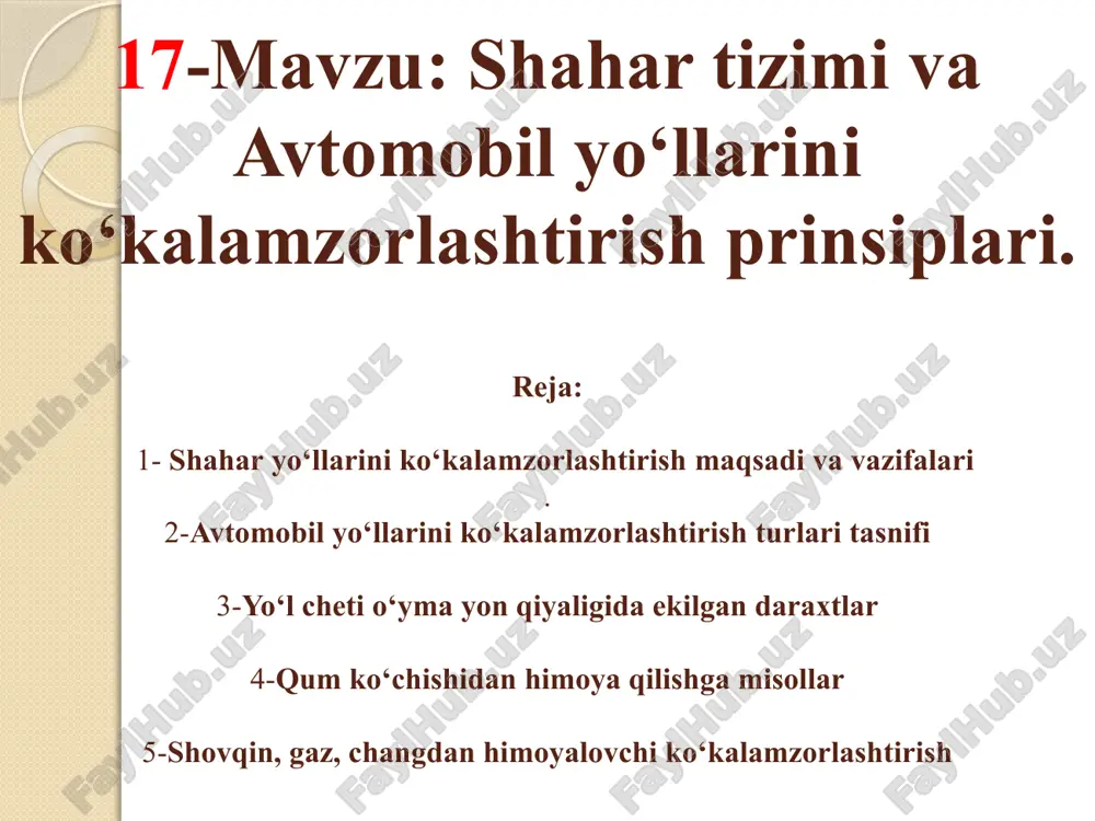 ishini belgilash; yashil “parda” yoki fon hosil qilish; dekorativ ko„kalamzorlashtirish. amaliyotda odatda yuqorida ta‟kidlanganlar aralashib keladi. ko„kalamzorlashtirish ko„p qirrali tavsifga va universal maqsadga ega. ko„kalamzorlashtirishning tavsifi juda murakkab bo„lgani, katta mehnat talab qilgani, shakllanishi uzoq vaqt davom etgani uchun yo„llarni loyihalash, qurish va ekspluatatsiya bosqichlarining hammasida tabiiy o„simliklarni saqlashga qaratilgan tadbirlar ishlab chiqish kerak. ko„kalamzorlashtirish uchun o„simliklarning joy sharoitidan kelib chiqib tanlaganda hududning umumiy tabiiy assortimentidan ajralib qolishi kerak emas. 82 amalda uchta yashil yarusidan foydalanadi, bular o„tli qoplama, butalar va daraxtlar. shuning uchun iloji boricha hamma turdagi “yashil” o„simliklardan foydalanish kerak bo„ladi daraxt va butalarni o„tqazish chuqur vah belgilangan nuqtalar va chiziqlar bo„yicha tayyorlanadi. ularning o„lchami tuproq sharoiti va o„tqazilayotgan material turiga bog„liq bo„ladi. chuqurlar doira shaklida kovlanadi. daraxt ko„chatlarini ekish uchun chuqurligi 0,5 – 0,6 metr diametri 0,8 – 1,2 metr bo„lgan chuqurlar tayyorlanadi. yakka holda ekiladigan butasimon ko„chatlar uchun esa chuqurligi 0,4 – 0,5 metr bo„lgan, 0,5 …