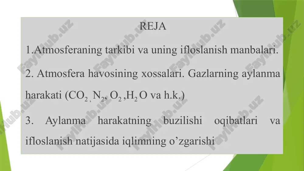 ibidagi changlar ma’lum darajada uning asosiy elementlaridan biri hisoblanadi va atmosferada kechadigan barcha hodisa va jarayonlarni tartibga solib turadi atmosfera havosining asosiy ifloslantiruvchi manbalari quyidagilardan iborat: sanoat korxonalari. markazlashgan issiqlik va elektr tarmoqlari. avtotransport vositalari. qishloq xo’jaligi tarmoqlari. maishiy xizmat ko’rsatish korxonalari. atmosfera havosining sun’iy (antropogen) usulda ifloslanishi inson faoliyati bilan chambarchas bog’liqdir. sanoat korxonalari, qurilish, energetika tarmoqlari, qishloq xo’jaligi, konchilik va maishiy xizmat ko’rsatish korxonalaridan chiqadigan zararli gazlar, bug’lar, changlar, bakteriya va miqroblar atmosfera havosini sun’iy ifloslantiradi. atmosfera havosiga chiqariladigan iflos moddalarning asosiy qismini zaharli gazlar (so2, so2, no2), uglevodorodlar, chang, qurum, metal birikmalari tashkil yetadi. ular ko’pincha organik moddalar va yoqilg’ilarni yondirish paytida vujudga keladi. har yili atmosfera havosiga 200 mln t chang, 210 mln t so2, 300 mln t qo’rg’oshin birikmalari va qurum, 700 mln t so3 chiqariladi. qurum tarkibida 1,5-2,0% benzoprin va dioksin kabi kanserogen moddalar mavjud bo’lib, ular nafas olish yo’llari orqali inson organizmiga kirib, …