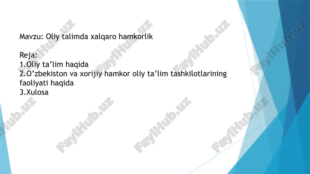 iy bosqichi zarurligi tan olingan. antik oliy taʼlimda falsafa, filologiya, musiqa, notiqlik, tibbiyot, matematika fanlarini oʻrganishga alohida eʼtibor qaratilgan. musulmon sharqining koʻp mamlakatlaridagi kabi turkistonda ham dastlabki oliy taʼlim madrasalarda mavjud berilgan. oʻzbekistonning mahalliy aholisiga hozirgi tushunchadagi oliy taʼlim oʻrta osiyo jadidchilik harakati asoschisi munavvarqori rahbarligida 1918-yil 12-mayda toshkentda tashkil etilgan xalq dorilfununida berila boshlangan. shoʻrolar davrida oliy taʼlim tarmogʻi bir qadar kengaygan boʻlsada, mahalliy aholidan oliy maʼlumotli kadrlar tayyorlash ustuvor mavqeda boʻlmagan. oʻzbekiston mustaqillikka erishgandan keyin oliy taʼlim tez surʼatlar bilan rivojlana boshladi. oʻzbekiston respublikasining „taʼlim toʻgʻrisida“gi qonuni (1997)ga muvofiq, oliy taʼlim oʻrta maxsus yoki kasb-hunar taʼlimi negiziga asoslanadi hamda ikki — bakalavriat va magistratura bosqichiga ega. kadrlar tayyorlash milliy dasturini roʻyobga chiqarishning maʼlum davriga qadar oliy taʼlim oʻn bir yillik umumiy oʻrta taʼlim negizida ham amalga oshiriladi. eʼtiqod erkinligiga amal qili-nadigan oʻzbekiston respublikasida dunyoviy oliy oʻquv yurtlari bilan birgalikda oliy diniy oʻquv yurtlari ham bor. oʻzbekistonda oliy taʼlim …