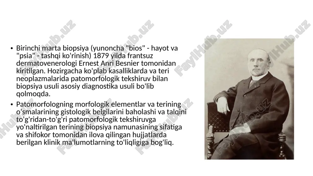 shi ko'rsatma emas 3-antiseptik yoki anestezikani lokal dasturga 3-allergik reaktsiyalar. agar preparatni almashtirish imkonsiz bo'lsa yoki bir nechta turli xil dorilarga allergik reaktsiya bo'lsa, diagnostik biopsiya ko'p tarmoqli tibbiyot tashkilotida o'tkazilishi kerak 4-keloid chandiqlarini hosil qilish tendentsiyasi. keloid chandiqlarini hosil qilish tendentsiyasi aniqlangan bemorda biopsiya o'tkazilganda, ushbu protsedura xavflari va foydalari balansi doimo tortilishi kerak. bemorning terisini biopsiyadan so'ng, keloid chandiq paydo bo'lishining oldini olish uchun tashqi vositalarni muntazam ravishda kuzatib borish va o'z vaqtida buyurish kerak va agar u hosil bo'lsa davolash. 5-tizimli kasalliklar, og'ir qandli diabet. ma'lumki, diabetes mellitusda metabolik kasalliklar tufayli mikrosirkulyatsiya va to'qimalarni tiklash jarayonlari buziladi, bu esa terining biopsiyasini o'tkazishda alohida e'tibor talab qiladi. ushbu bemorlar guruhida anatomik sohalarda ushbu aralashuvdan qochish tavsiya etiladi. biopsiya turlari klinik ko'rinishga, taxminiy tashxisga qarab, biopsiya turli usullar yordamida amalga oshirilishi mumkin 1- panch biopsiyasi dumaloq pichoq (musht) - teri osti yog 'to'qimalariga qadar barcha qatlamlarini o'z ichiga olgan, …