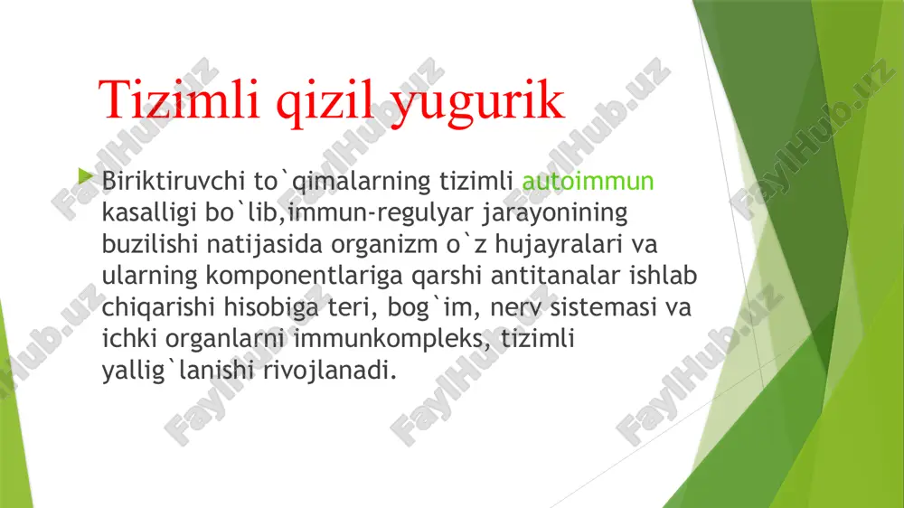 kir osti iii. surunkali: 1)qaytalanuvchi poliartrit yoki serozit 2)diskoidli qizil yugurik sindromi 3)reyno sindromi 4)verlgof sindromi 5)epilepsiya sindromi tasnifi faolligi bo`yicha i. faol bosqichi yuqori (3-daraja) yengil (2-daraja) minimal (1-daraja) ii. nofaol bosqichi (remissiya) zararlanishning klinik - morfologik tasnifi teri –ekssudatli eritema, diskoidli yugurik,kapilyar purpura bo`g`im- artralgiya, poliartrit buyrak – diffuz glomerulonefrit yurak – miokardit, endokardit, mitral klapan yetishmovchiligi o`pka – pnevmonit, pnevmoskleroz nerv tizimi – ensefalonevrit, polinevrit klinikasi katta uchlik simptomi dermatit poliartrit poliserozit terining zararlanishi yuzdagi kapalak eritema vaskulit diskoidli yugurik fotodermatit alopetsiya to’rsimon livedo shilliq qavatlar zararlanishi: xeylit, stomatit yuzdagi kapalak eritema vaskulit diskoidli yugurik fotodermatit alopetsiya alopetsiya to’rsimon livedo shilliq qavatlar zararlanishi: xeylit, stomatit 20 bo’g’imlar zaralanishi artralgiya lyupus artrit buyrakning zararlanishi lyupus nefrit yurakning zararlanishi perikardit miokardit endokardit libman saks- endokarditi perikardit o’pkaning zararlanishi lyupus pnevmonit pnevmoskleroz diagnostika katta belgilar: kapalaksimon toshma lyupus nefrit lyupus artrit pnevmonit le hujayralari aniqlanishi gemolitik anemiya dnk qarshi antiteloni …