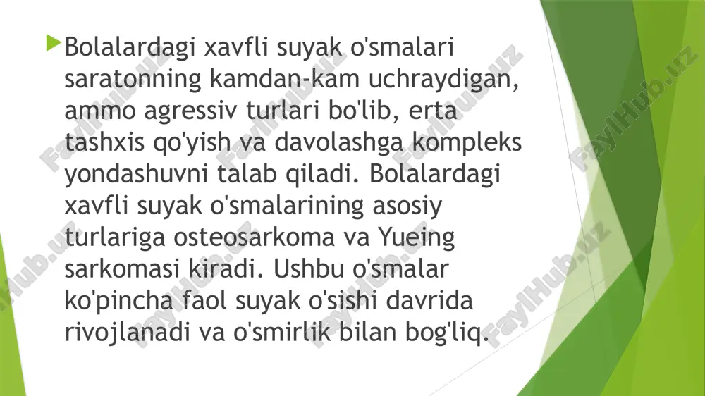 di. o'g'il bolalar qizlarga qaraganda tez-tez kasal bo'lishadi. etiologiya va xavf omillari genetik omillar: ba'zi genetik sindromlar (masalan, li-fraumeni sindromi, retinoblastoma) suyak o'smalari rivojlanish xavfini oshiradi. radiatsiya ta'siri: radiatsiya ta'sirining tarixi xavfli suyak o'smalari rivojlanishi uchun xavf omili bo'lishi mumkin. suyak o'sishining oshishi: o'smirlik davrida suyak o'sishining oshishi osteosarkoma xavfining oshishi bilan bog'liq. klinikfsi asosiy alomatlar: suyak og'rig'i: doimiy, kechasi yomonroq, og'riq qoldiruvchi vositalar bilan bartaraf etilmaydi. patologik sinish o'simta tomonidan suyak strukturasining zaiflashishi tufayli kichik jarohatlar bilan ham paydo bo'ladi. o’sma atrofida shishish: ta'sirlangan suyak hududida, ayniqsa shish yuzaga yaqin bo'lsa. oyoq-qo'llarining disfunktsiyasi: o'simtaning joylashishiga qarab cheklangan harakat, oqsoqlik yoki disfunktsiya. diagnostika rentgen: suyak tuzilishidagi o'zgarishlarni ko'rsatadigan dastlabki sinov. kompyuter tomografiyasi (kt): o'simta darajasini baholash uchun suyakning batafsil tasvirlari. magnit-rezonans tomografiya (mri): yumshoq to'qimalar tuzilmalarini va o'simta invazivligini baholash uchun ishlatiladi. suyak sintigrafiyasi: boshqa suyaklardagi metastazlarni aniqlash imkonini beradi. biopsiya: tashxisni va shishning gistologik turini tasdiqlash uchun ponksiyon yoki …