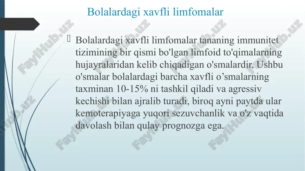 shib, limfa tugunlarining kattalashishiga va boshqa organlarning shikastlanishiga olib keladi. klassifikatsiya nodulyar skleroz (bolalar va o'smirlarda eng keng tarqalgan shakl) limfa tugunlarida tolali chiziqlar bilan tavsiflanadi. aralash hujayrali variant - immunitet tanqisligi bilan og'rigan bemorlarda tez-tez uchraydi. limfoid nosozlik kam uchraydigan va tajovuzkor shakldir. limfoid ustunlik - yaxshi prognozga ega bo'lgan kamroq tajovuzkor shakl. limfoid ustunlik bilan tugunli limfoma kamroq tajovuzkor kurs va prognozi yaxshi bo'lgan xodgkin lenfomasining kam uchraydigan shakli. klinik ko'rinishlar bolalardagi hodgkin limfomasining belgilari nospetsifik bo'lishi mumkin va kasallikning bosqichiga va ta'sirlangan limfa tugunlarining joylashishiga qarab farq qilishi mumkin. og'riqsiz, qattiq limfa tugunlari, ko'pincha bo'yin (bachadon bo'yni yoki supraklavikulyar limfa tugunlari), shuningdek, qo'ltiq osti yoki kasıkta. limfa tugunlari asta-sekin kattalashishi mumkin, ammo og'riqli bo'lmaydi, bu limfomaning odatiy belgisidir. tizimli alomatlar (b belgilari) isitma (to'lqinli, pel-ebshteyn isitmasi deb ataladi). kechasi terllsh. limfoma xodjkina tana vaznining yo'qolishi (so'nggi 6 oy ichida dastlabki tana vaznining 10% dan ko'prog'i). boshqa alomatlar: …
