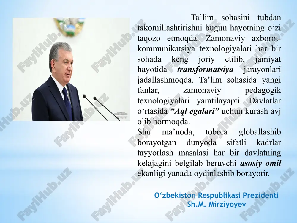 konsepsiyasini tasdiqlash to‘g‘risida» 2019 yil 8 oktabrdagi pf-5847-son hamda «2017—2021 yillarda o‘zbekiston respublikasini rivojlantirishning beshta ustuvor yo‘nalishi bo‘yicha harakatlar strategiyasini «ilm, ma’rifat va raqamli iqtisodiyotni rivojlantirish yili»da amalga oshirishga oid davlat dasturi to‘g‘risida» 2020 yil 2 martdagi pf-5953-son farmonlarida belgilangan vazifalar ijrosini ta’minlash maqsadida vazirlar mahkamasi qaror qiladi: 1. 2020/2021 o‘quv yilidan boshlab respublika oliy ta’lim muassasalarida o‘quv jarayonini bosqichma-bosqich kredit-modul tizimiga o‘tkazish tartibi joriy etilsin. 2. oliy ta’lim muassasalarida o‘quv jarayoniga kredit-modul tizimini joriy etish tartibi to‘g‘risidagi nizom 1-ilovaga muvofiq tasdiqlansin. 3. o‘zbekiston respublikasi oliy va o‘rta maxsus ta’lim vazirligi: tizimida oliy ta’lim muassasalari bo‘lgan vazirliklar va idoralar bilan birgalikda bir oy muddatda o‘quv jarayoniga kredit-modul tizimi joriy etilgan bakalavriat ta’lim yo‘nalishlari va magistratura mutaxassisliklarining malaka talablari, o‘quv rejasi va fan dasturlari takomillashtirilishini ta’minlasin; respublika oliy ta’lim kengashi bilan birgalikda ikki hafta muddatda oliy ta’lim muassasalarida o‘quv jarayoniga kredit-modul tizimini joriy etishning tashkiliy masalalariga taalluqli hujjatlar namunalarini ishlab chiqsin …