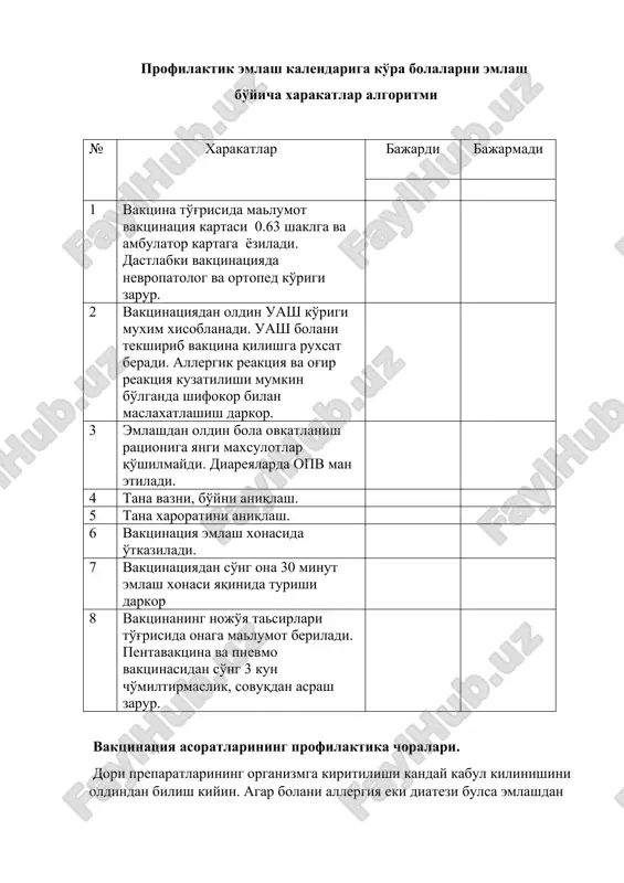 ientning o'ziga xam bog'liqdir. bolalarga vaktsinatsiya kalendar bo'yicha 11 infektsion kasallikka qilinadi. bular: virusli gepatit v, tuberkulyoz, difteriya, qoqshol, ko'kyo'tal; poliomielit; qizilcha, epid parotit, qizamiq; pnevmokokk infektsiya: gemofil infektsiya v tipi (hip). profilaktik emlash kalendariga ko'ra bolalarni emlash bo'yicha xarakatlar algoritmi № xarakatlar bajardi bajarmadi 1 vaktsina to'g'risida malumot vaktsinatsiya kartasi 0.63 shaklga va ambulator kartaga yoziladi. dastlabki vaktsinatsiyada nevropatolog va ortoped ko'rigi zarur. 2 vaktsinatsiyadan oldin uash ko'rigi muxim xisoblanadi. uash bolani tekshirib vaktsina qilishga ruxsat beradi. allergik reaktsiya va og'ir reaktsiya kuzatilishi mumkin bo'lganda shifokor bilan maslaxatlashish darkor. 3 emlashdan oldin bola ovkatlanish ratsioniga yangi maxsulotlar qo'shilmaydi. diareyalarda opv man etiladi. 4 tana vazni, bo'yni aniqlash. 5 tana xaroratini aniqlash. 6 vaktsinatsiya emlash xonasida o'tkaziladi. 7 vaktsinatsiyadan so'ng ona 30 minut emlash xonasi yaqinida turishi darkor 8 vaktsinaning nojo'ya tasirlari to'g'risida onaga malumot beriladi. pentavaktsina va pnevmo vaktsinasidan so'ng 3 kun cho'miltirmaslik, sovuqdan asrash zarur. vaktsinatsiya asoratlarining profilaktika …