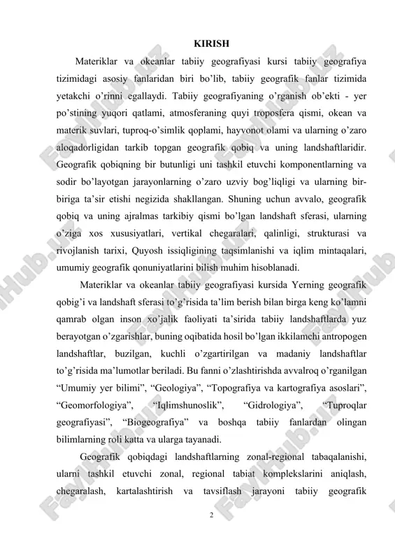 lumotlar beriladi. bu fanni o’zlashtirishda avvalroq o’rganilgan “umumiy yer bilimi”, “geologiya”, “topografiya va kartografiya asoslari”, “geomorfologiya”, “iqlimshunoslik”, “gidrologiya”, “tuproqlar geografiyasi”, “biogeografiya” va boshqa tabiiy fanlardan olingan bilimlarning roli katta va ularga tayanadi. geografik qobiqdagi landshaftlarning zonal-regional tabaqalanishi, ularni tashkil etuvchi zonal, regional tabiat komplekslarini aniqlash, chegaralash, kartalashtirish va tavsiflash jarayoni tabiiy geografik rayonlashtirish asosida amalga oshiriladi. geografik qobiqning muayyan hududlarini o’rganish bilan tabiiy geografiyaning tarmog’i hisoblangan regional tabiiy geografiya shug’ullanadi. tabiiy geografiya bilan regional tabiiy geografiya o’zaro chambarchas bog’langan, chunki ularning o’rganish ob’ekti va predmeti geografik qobiqdir. biroq, birinchi holatda geografik qobiq bir butunlik va umumiylik nuqtai nazardan qaralsa, ikkinchi holatda ichki tafovutlar va regional xususiyatlar nuqtai nazardan qaraladi. regional tabiiy geografiya geografik qobiqning makonda tabiiy chegaralar bilan chegaralangan birliklarini o’rganadi. bu birliklar miqyosiga ko’ra nihoyatda katta va kichik bo’lishi mumkin. masalan, avstraliya materigi, hind okeani, sahroi kabir, o’rta osiyo, bering dengizi va boshqalar. yirik regionlarni alohida-alohida o’rganish bilimni oshirishda …