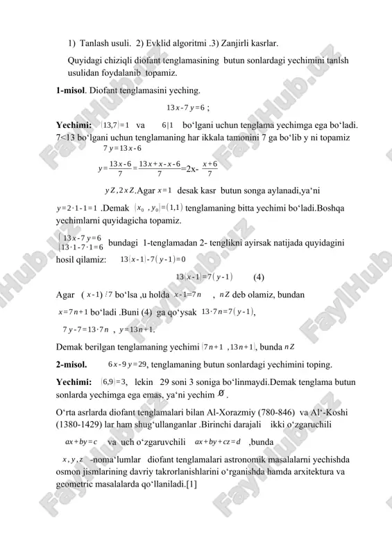 2- tenglikni ayirsak natijada quyidagini hosil qilamiz: (4) agar ( ) bo‘lsa ,u holda = , deb olamiz, bundan bo‘ladi .buni (4) ga qo‘ysak , ,. demak berilgan tenglamaning yechimi , bunda 2-misol. , tenglamaning butun sonlardagi yechimini toping. yechimi: , lekin 29 soni 3 soniga bo‘linmaydi.demak tenglama butun sonlarda yechimga ega emas, ya‘ni yechim . o‘rta asrlarda diofant tenglamalari bilan al-xorazmiy (780-846) va al‘-koshi (1380-1429) lar ham shug‘ullanganlar .birinchi darajali ikki o‘zgaruchili va uch o‘zgaruvchili ,bunda -noma‘lumlar diofant tenglamalari astronomik masalalarni yechishda osmon jismlarining davriy takrorlanishlarini o‘rganishda hamda arxitektura va geometric masalalarda qo‘llaniladi.[1] evropada italiyan matematiklari p.ferma (1601-1665) va b.kavaleri (1598-1647) lar tamonidan diofant tenglamalari o‘rganildi. ferma diofant tenglamalarini yechishga juda kata hissa qo‘shdi va ularni yechishda butun sonlarning bo‘linish nazariyasini qo‘lladi.fermaning katta va kichik teoremalalarini l. eyler (1707-1855) tamonidan umumlashtirildi. xix asrda f.gauss (1777-1855) diofant tenglamalarini arifmetik modullardan foydalanib yechish usullarini rivojlantirdi.xx asrda kompyuter texnologiyasining vijudga kelishi munosabati …
