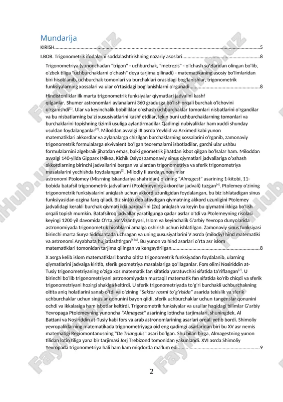 trik ifodalarni soddalashtirishning nazariy asoslarini o‘rganish; turli ko‘rinishdagi misollarni tahlil qilish va ularni guruhlarga ajratish; soddalashtirishda qo‘llaniladigan formulalar va usullarni aniqlash; mazkur mavzuni o‘rgatish bo‘yicha metodik tavsiyalar ishlab chiqish. tadqiqot obyekti – o‘rta va oliy ta’limda trigonometriya bo‘limini o‘qitish jarayoni. tadqiqot predmeti – trigonometrik ifodalarni soddalashtirishga doir misollarni yechish metodikasi. ushbu kurs ishi uch bobdan iborat bo‘lib, unda mavzuning nazariy, metodik va amaliy jihatlari chuqur yoritiladi. kurs ishi mavzusi dolzarbligi. bugungi kunda taʼlim sohasida innovatsion yondashuvlar, zamonaviy o‘qitish metodlari va bilimlarni chuqur o‘zlashtirishga qaratilgan tizimli islohotlar olib borilmoqda. ayniqsa, aniq fanlar – matematika, informatika, fizika kabi yo‘nalishlarda o‘quvchilarning mantiqiy fikrlashi, analitik tahlil qilish va muammoli vaziyatlardan chiqish yo‘llarini topa olish ko‘nikmalarini shakllantirish dolzarb vazifalardan biri hisoblanadi. trigonometrik ifodalarni soddalashtirish mavzusi nafaqat matematikaning nazariy jihatlarida, balki amaliy masalalarda ham keng qo‘llaniladi. mazkur mavzu geometriya, fizika, muhandislik, arxitektura kabi sohalar bilan chambarchas bog‘liq bo‘lib, talabalar va o‘quvchilarning trigonometriyaga bo‘lgan qiziqishini oshiradi, formulalardan …